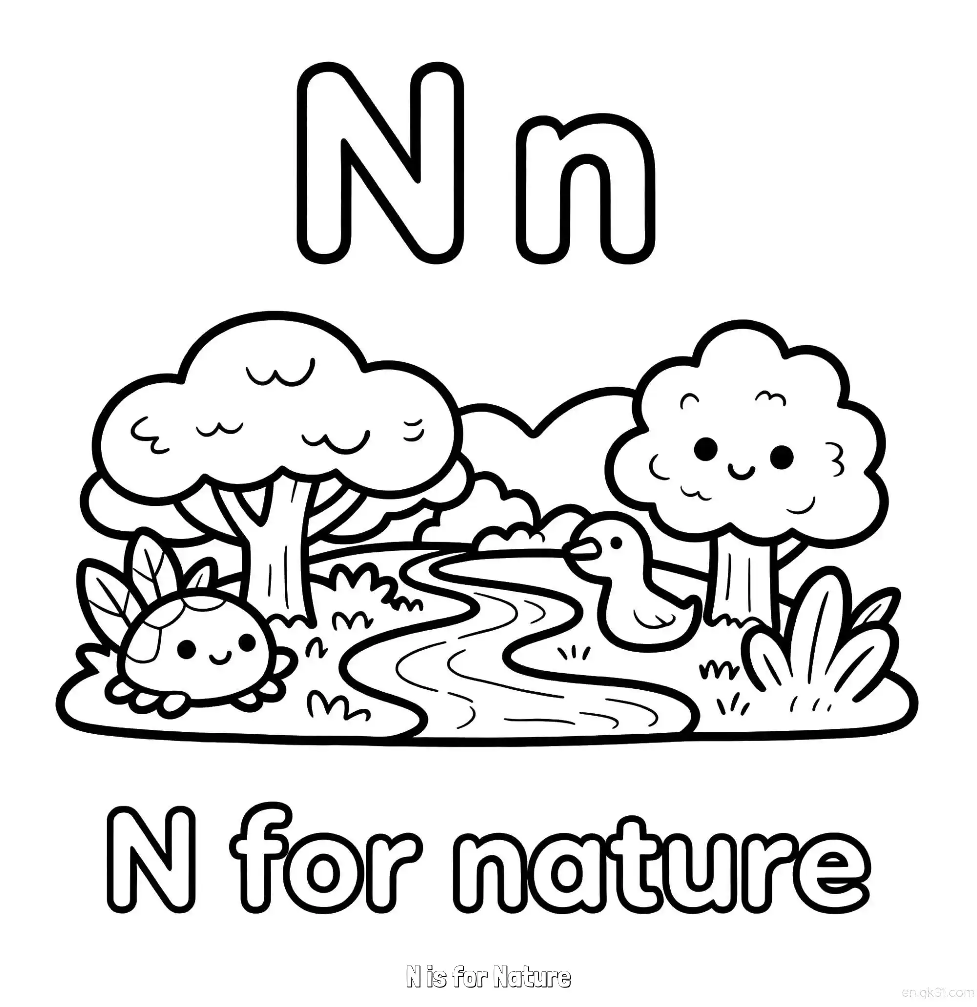 免费 N代表自然 简笔画 素描 涂鸦 - 免费可打印认识英文字母 下载PDF 简笔画涂色页
