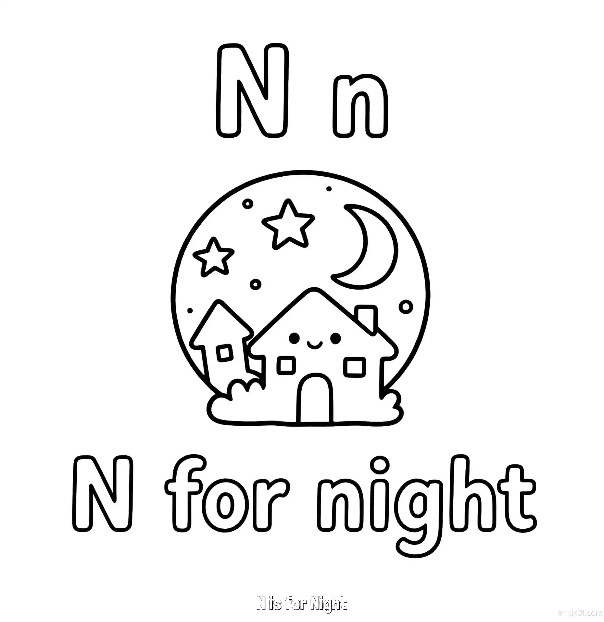 免费 N代表夜晚 简笔画 素描 涂鸦 - 免费可打印认识英文字母 下载PDF 简笔画涂色页