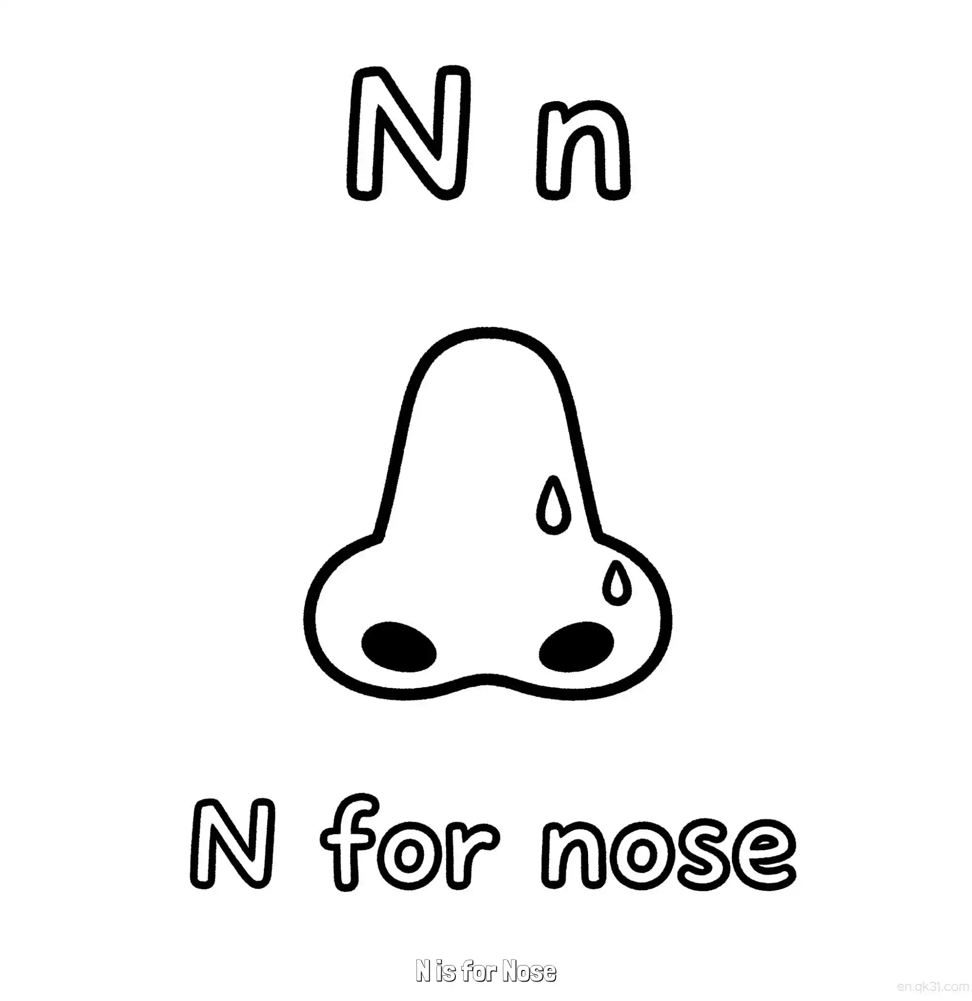 免费 N代表鼻子 简笔画 素描 涂鸦 - 免费可打印认识英文字母 下载PDF 简笔画涂色页