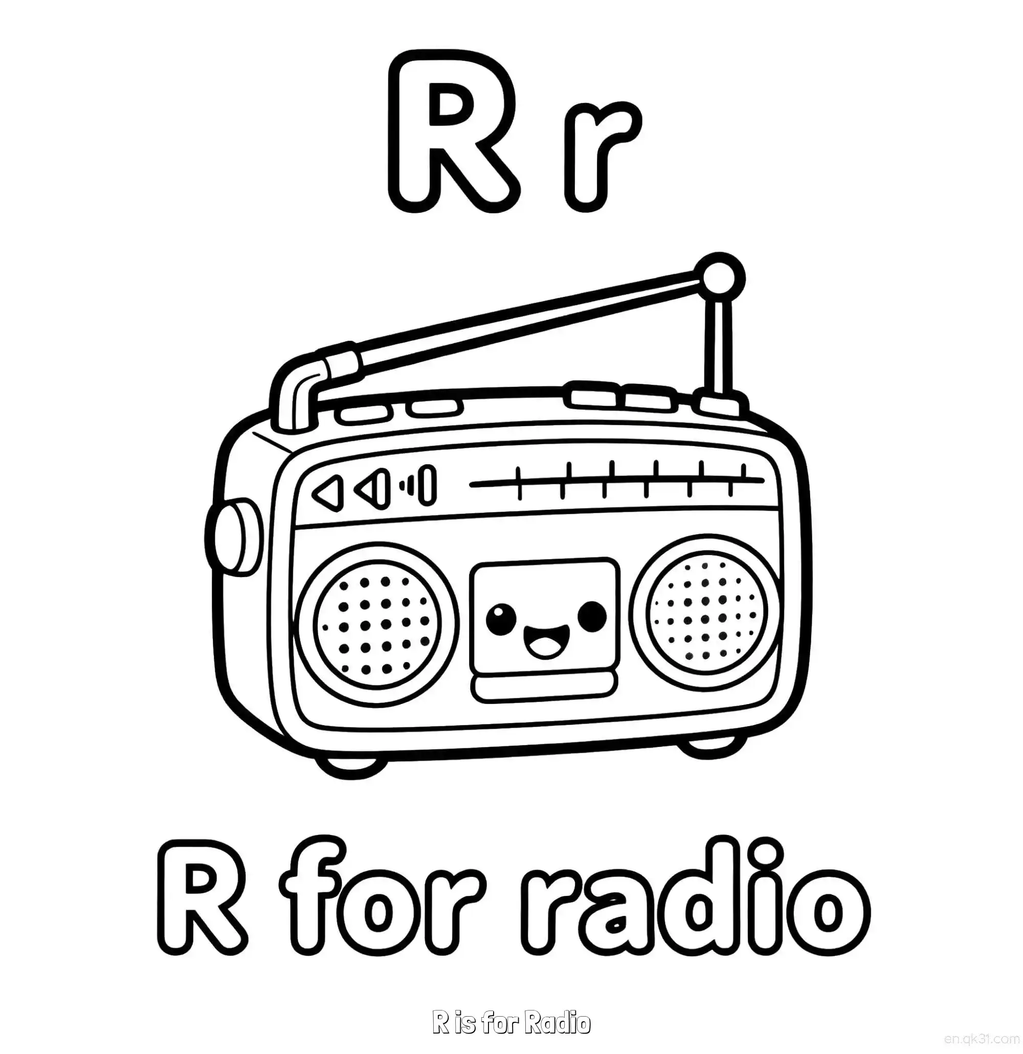 免费 R代表收音机 简笔画 素描 涂鸦 - 免费可打印认识英文字母 下载PDF 简笔画涂色页