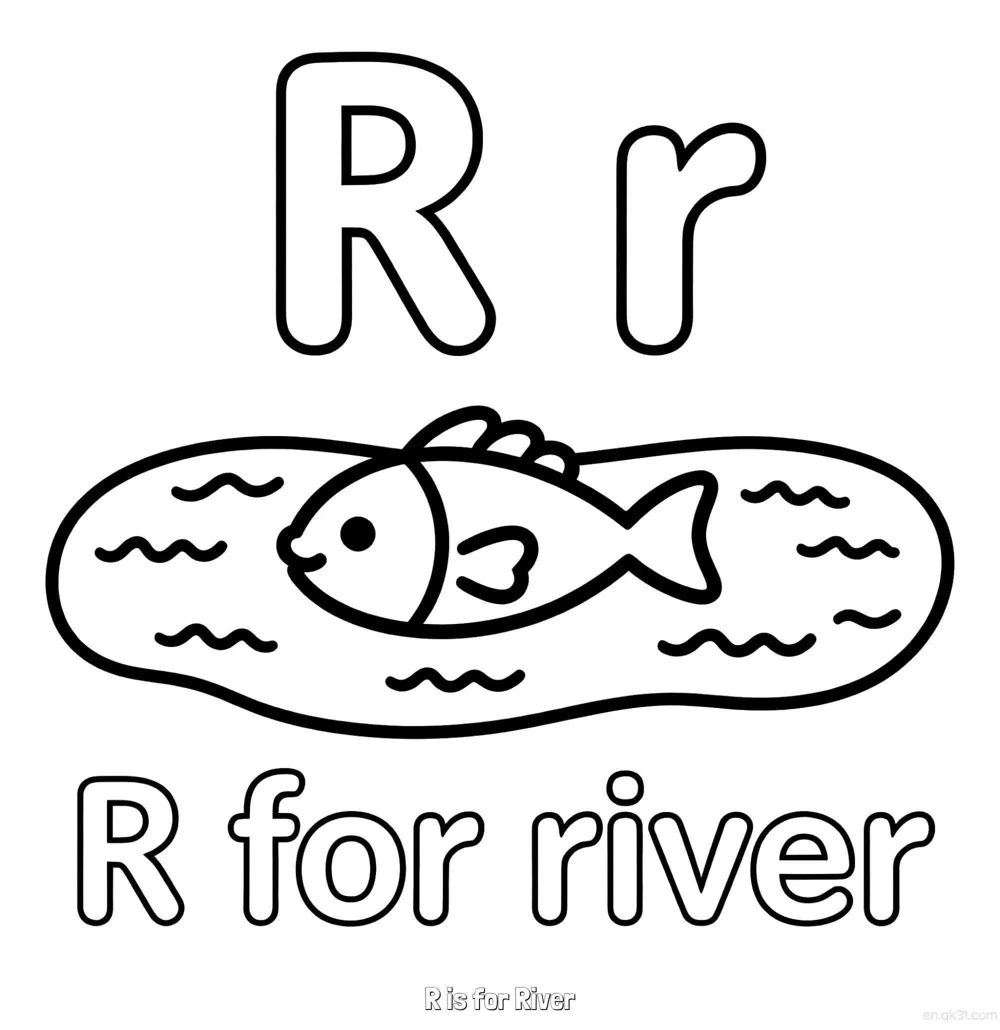 免费 R代表河流 简笔画 素描 涂鸦 - 免费可打印认识英文字母 下载PDF 简笔画涂色页