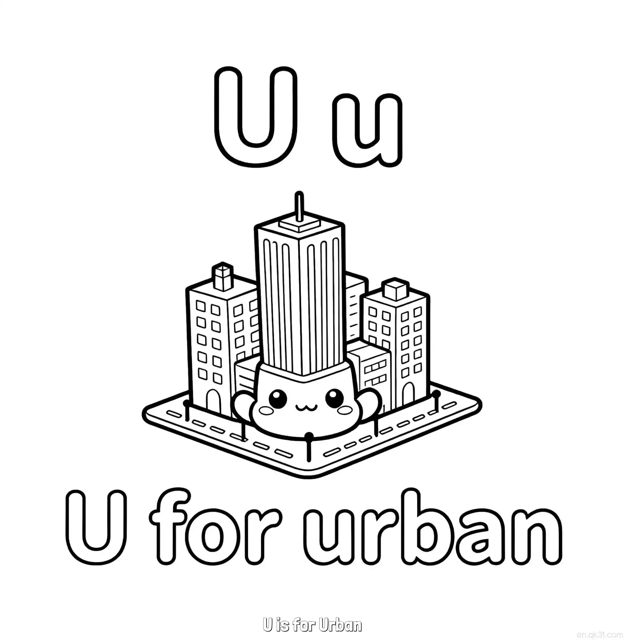 免费 U代表城市 简笔画 素描 涂鸦 - 免费可打印认识英文字母 下载PDF 简笔画涂色页