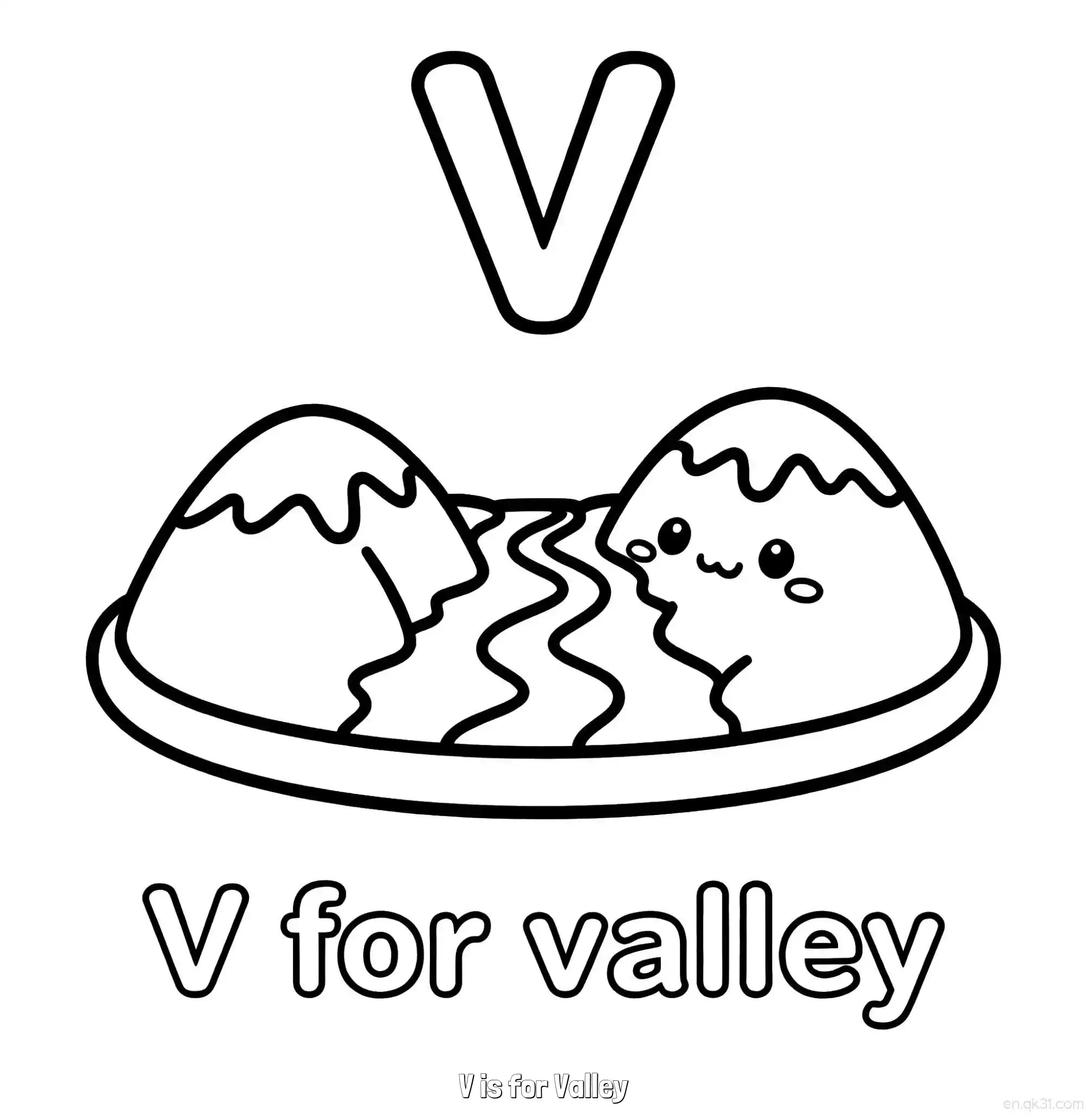 免费 V代表山谷 简笔画 素描 涂鸦 - 免费可打印认识英文字母 下载PDF 简笔画涂色页