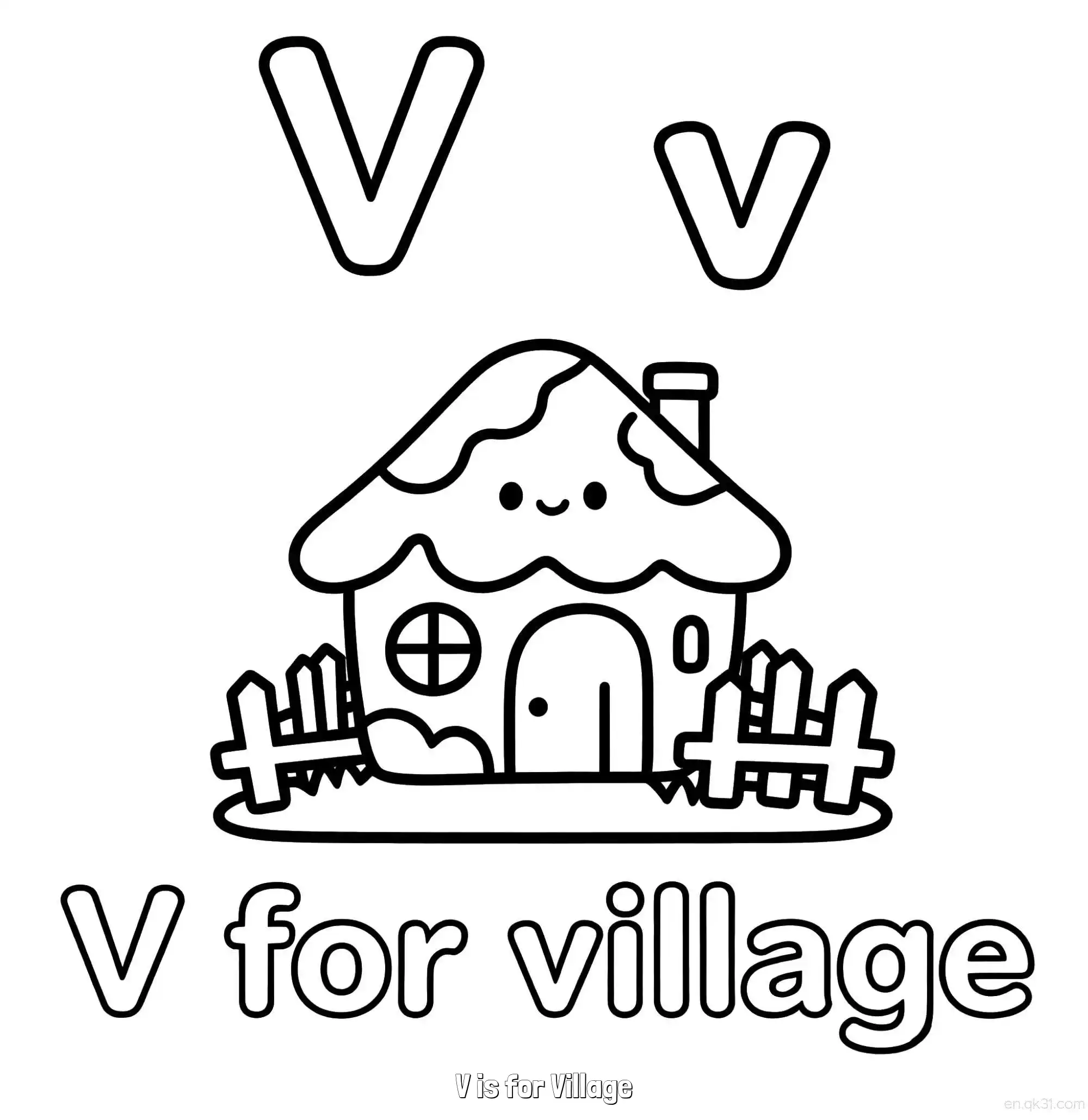 免费 V代表村庄 简笔画 素描 涂鸦 - 免费可打印认识英文字母 下载PDF 简笔画涂色页