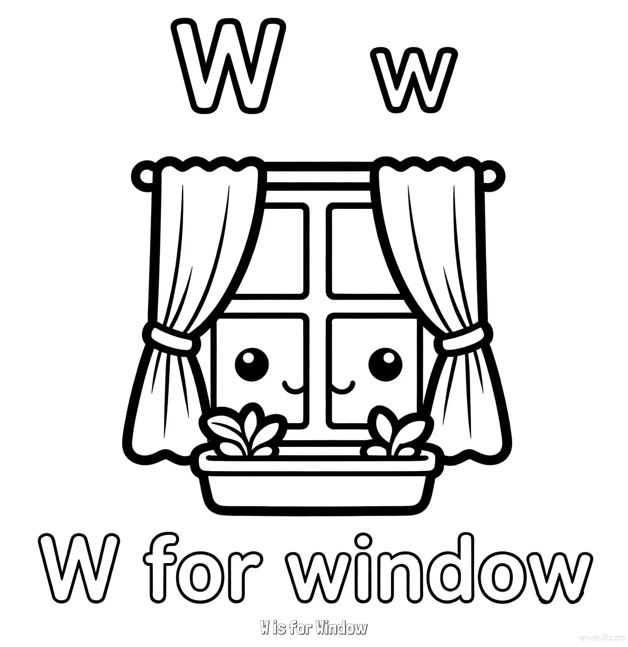 免费 W代表窗户 简笔画 素描 涂鸦 - 免费可打印认识英文字母 下载PDF 简笔画涂色页
