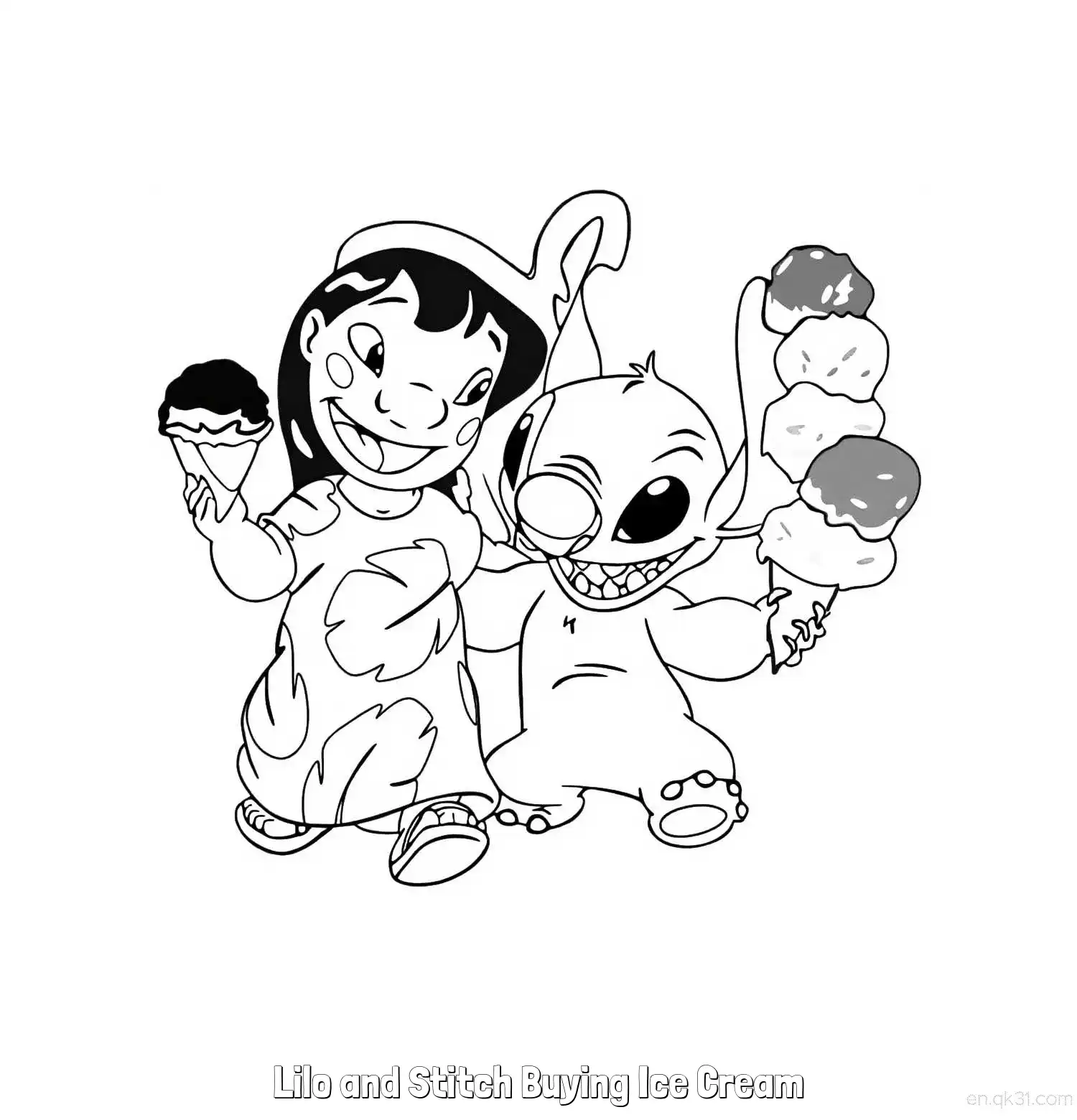 免费 莉罗和史迪仔买冰淇淋 简笔画 素描 涂鸦 - 免费可打印星际宝贝史迪奇 下载PDF 简笔画涂色页