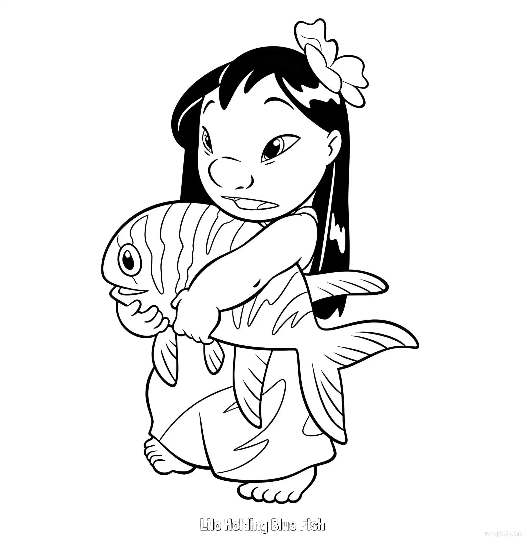 免费 莉罗抱着蓝鱼 简笔画 素描 涂鸦 - 免费可打印星际宝贝史迪奇 下载PDF 简笔画涂色页