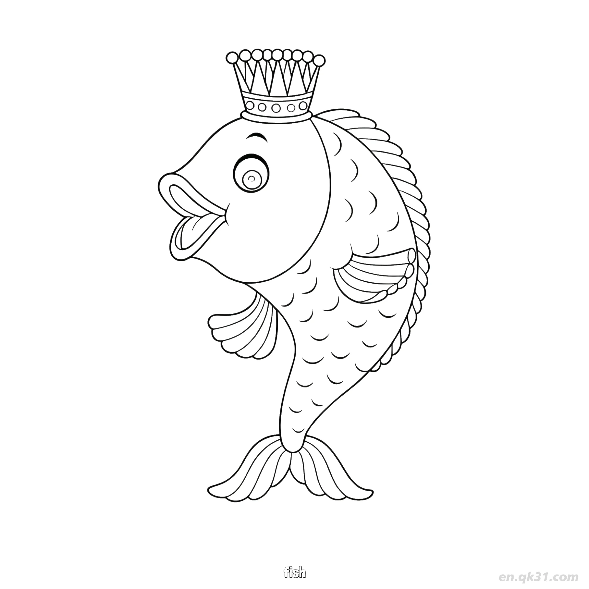 免费 戴王冠鱼国王涂色页  简笔画涂色页