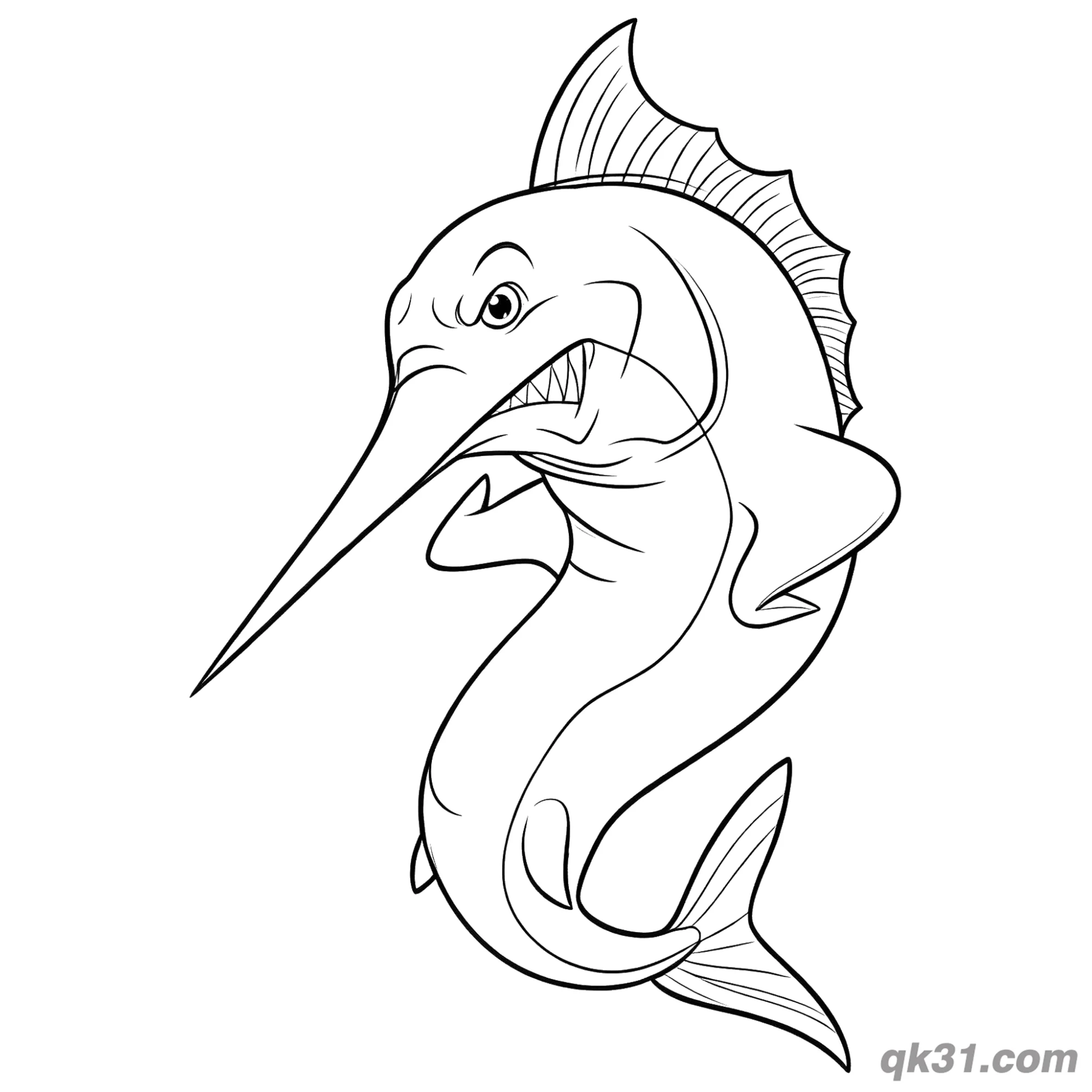 免费 凶猛剑鱼卡通简笔画涂色页 简笔画涂色页