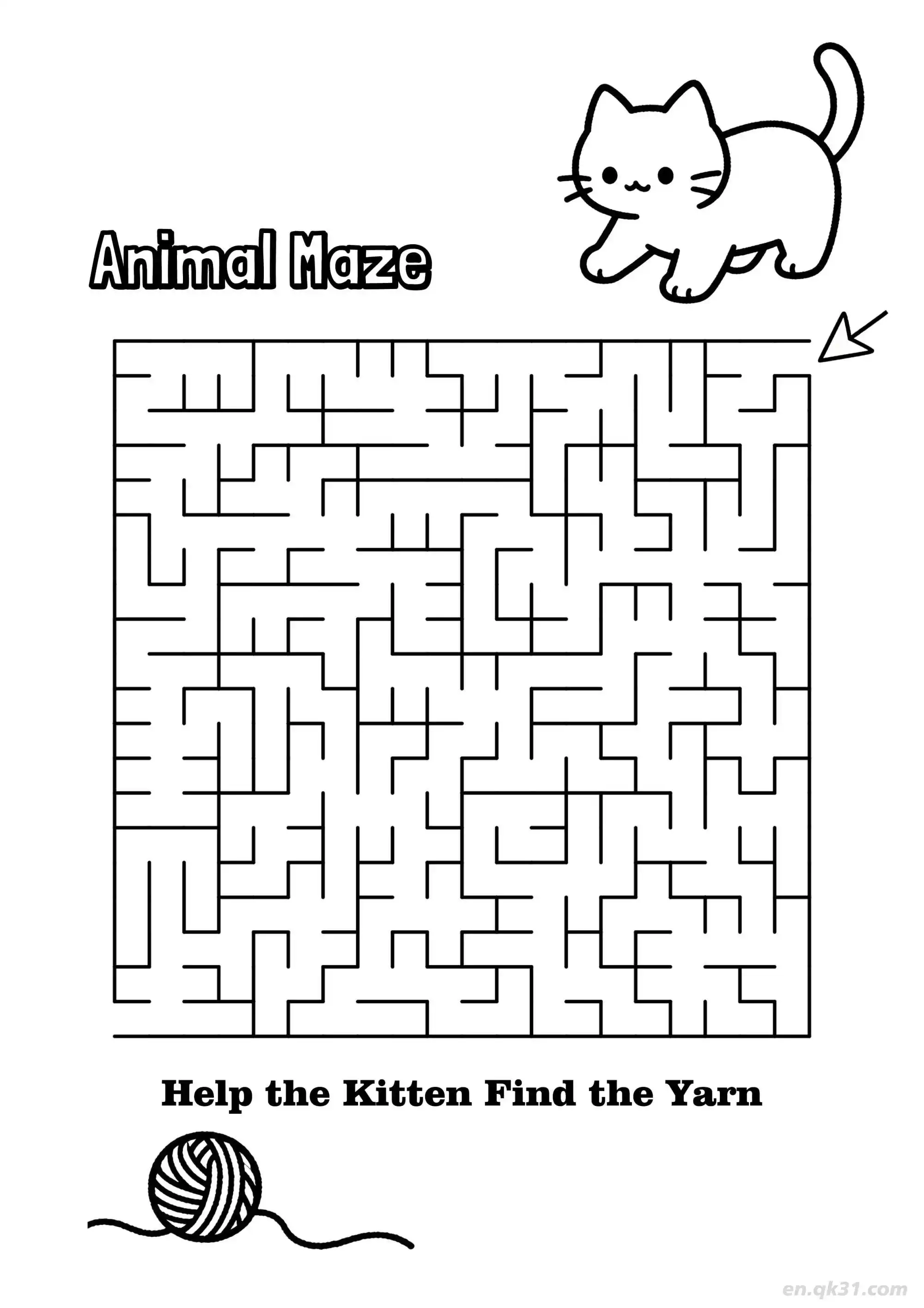 免费 小猫毛线迷宫 - 可爱猫咪找球  简笔画涂色页