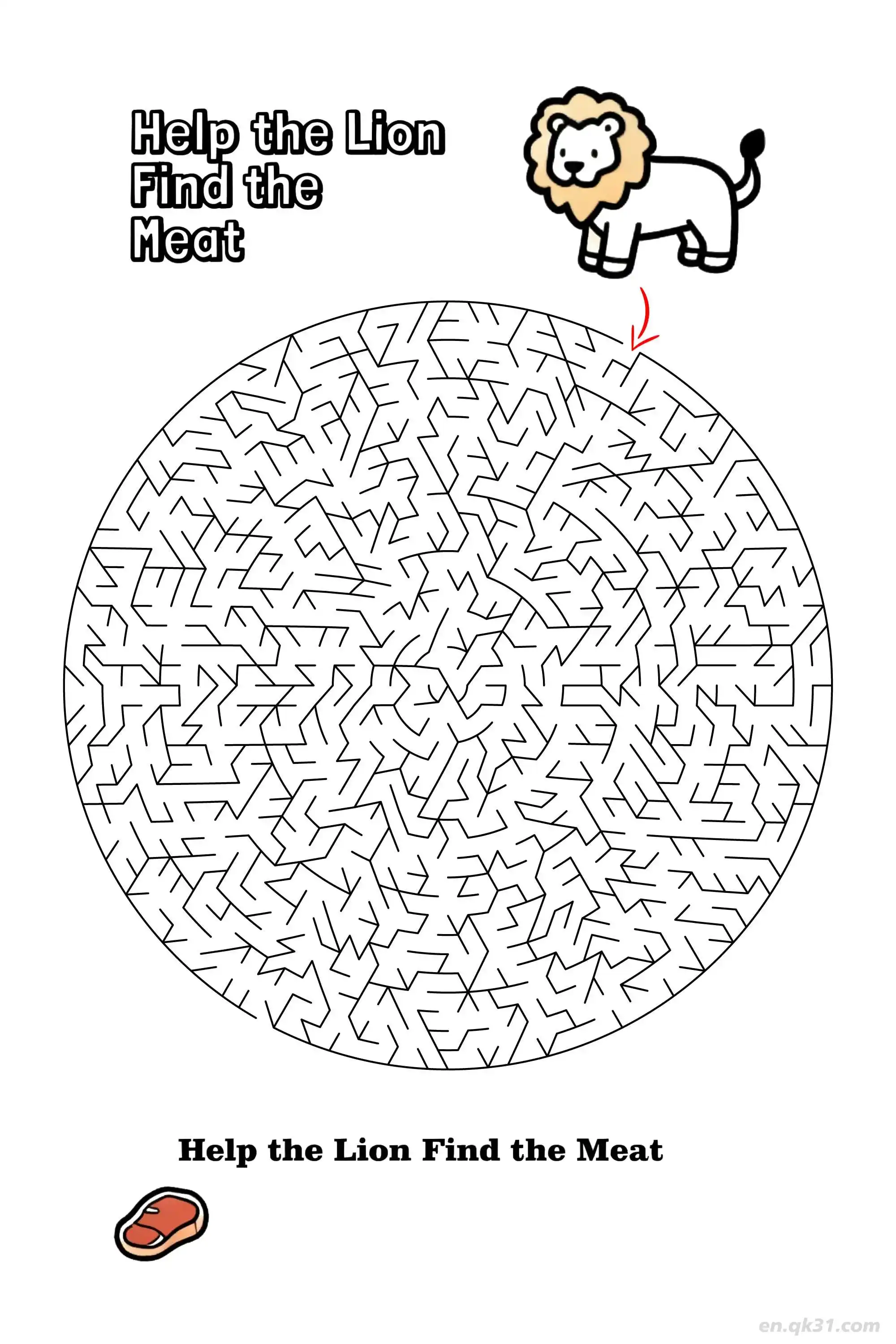 免费 狮子迷宫打印 -  safari找肉主题  简笔画涂色页