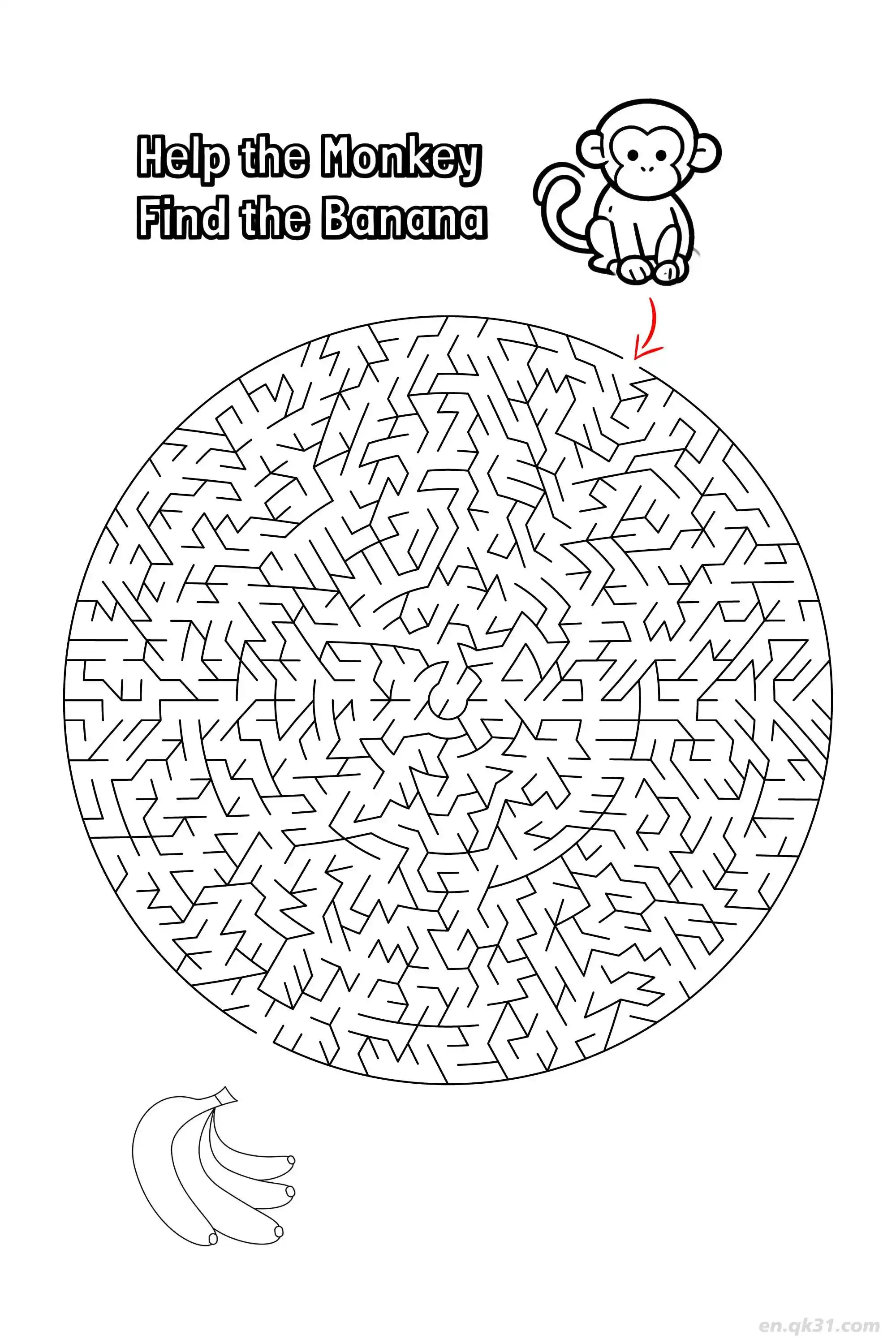 免费 猴子香蕉迷宫游戏 - 丛林动物拼图  简笔画涂色页
