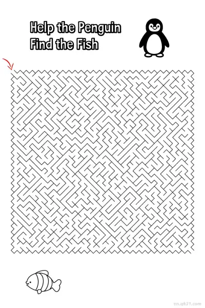 企鹅找鱼迷宫 - 北极动物拼图  – 免费可打印简笔画涂色画