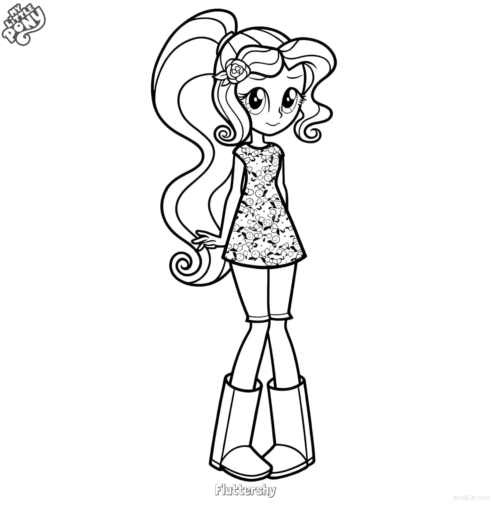 免费 小马宝莉小蝶高马尾碎花裙人形涂色页 简笔画涂色页