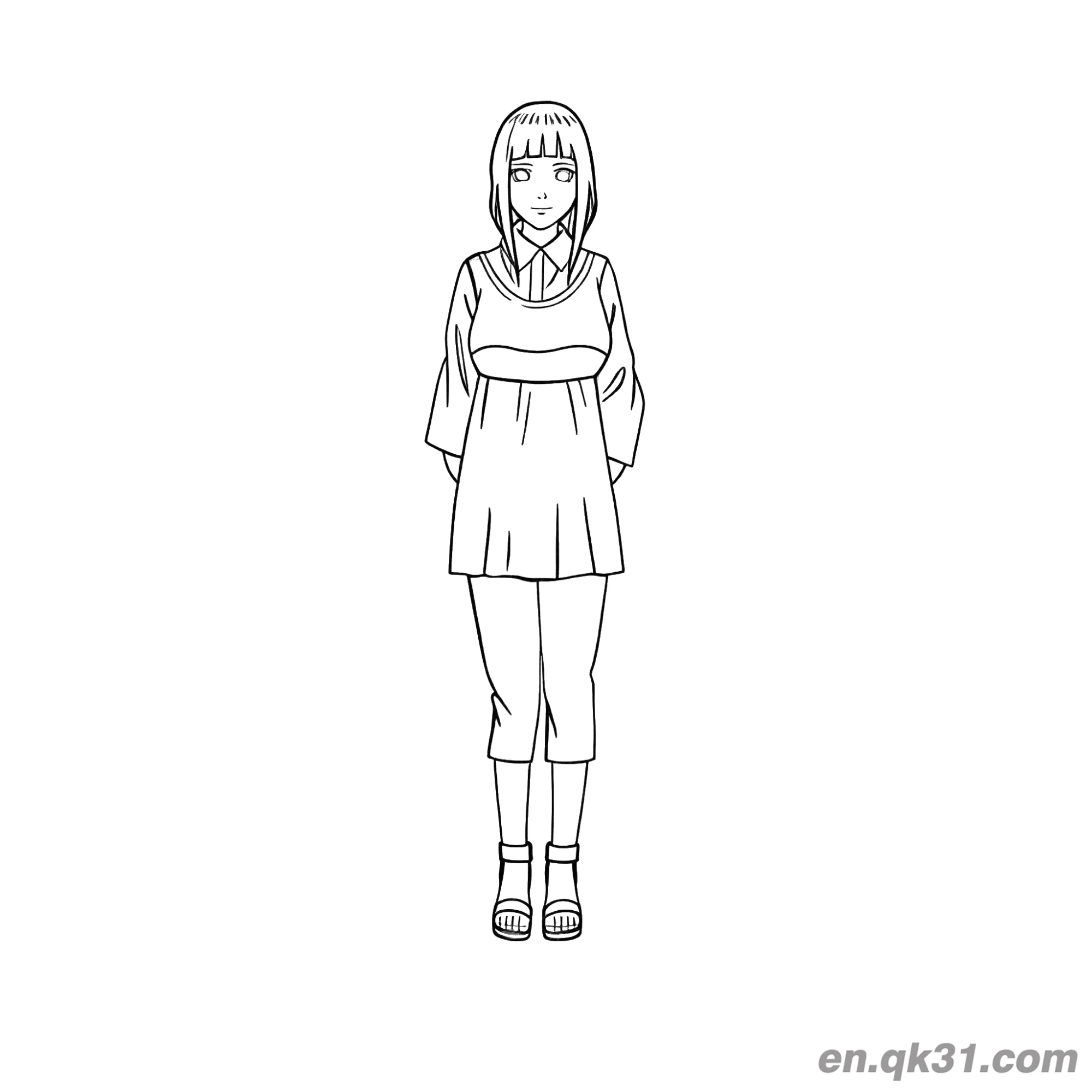 免费 日向雏田休闲连衣裙装扮火影忍者涂色页 简笔画涂色页