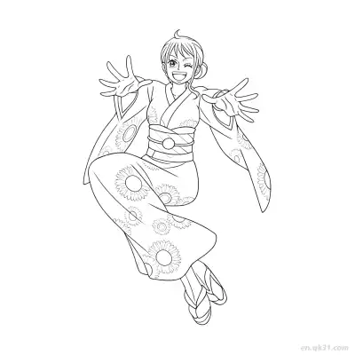 娜美和之国和服跳跃开心海贼王涂色  – 免费可打印简笔画涂色画
