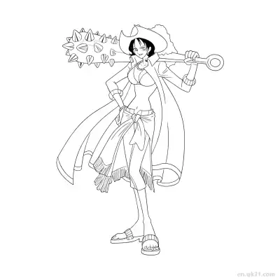 妮可·罗宾狼牙棒和之国全身海贼王涂色  – 免费可打印简笔画涂色画