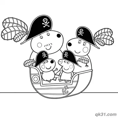 小狗丹尼一家海盗船冒险简笔画涂色页 – 免费可打印简笔画涂色画