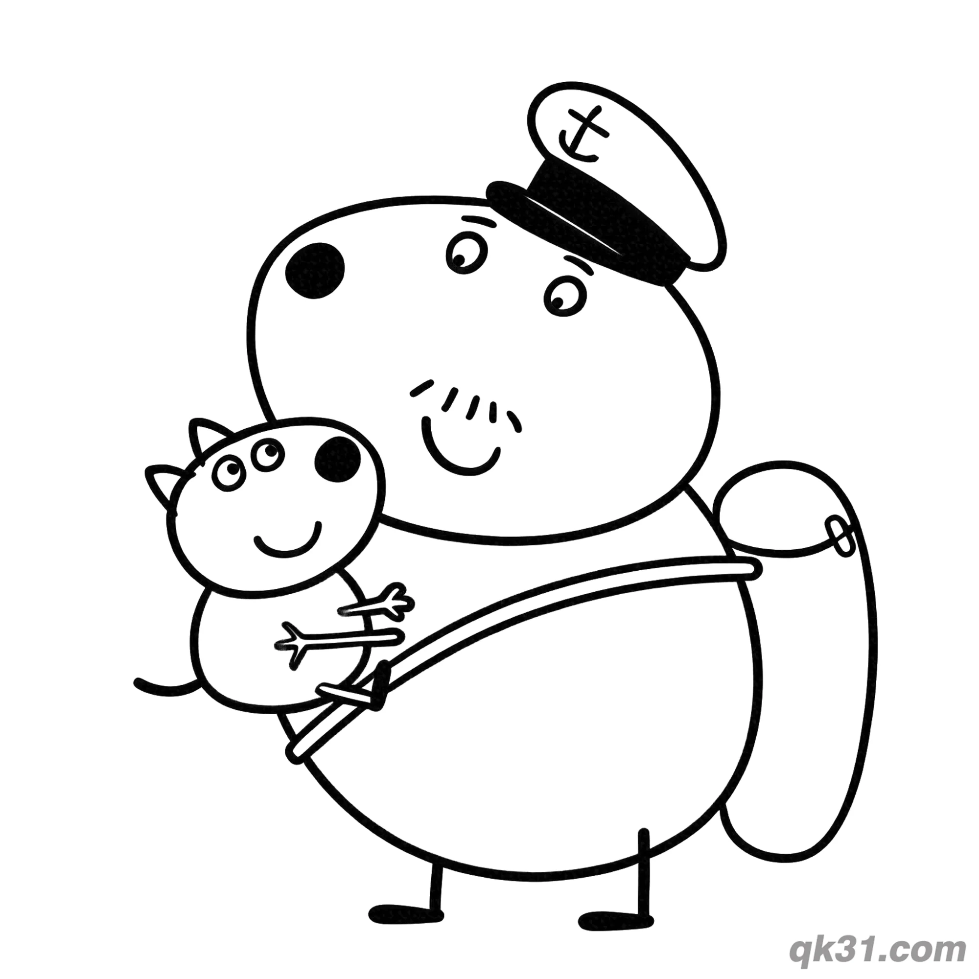 免费 狗爸爸抱着小狗丹尼船长简笔画涂色页 简笔画涂色页