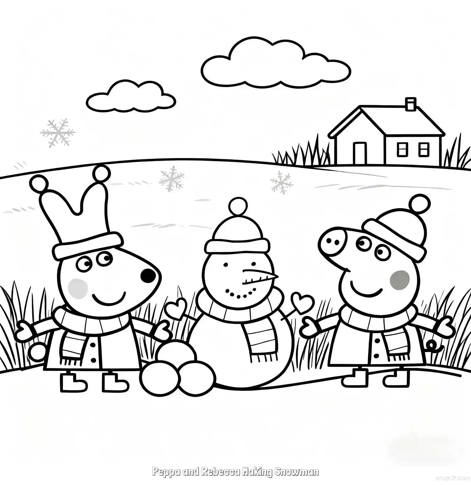 免费 佩奇和丽贝卡堆雪人 简笔画 素描 涂鸦 - 免费可打印小猪佩奇 下载PDF 简笔画涂色页