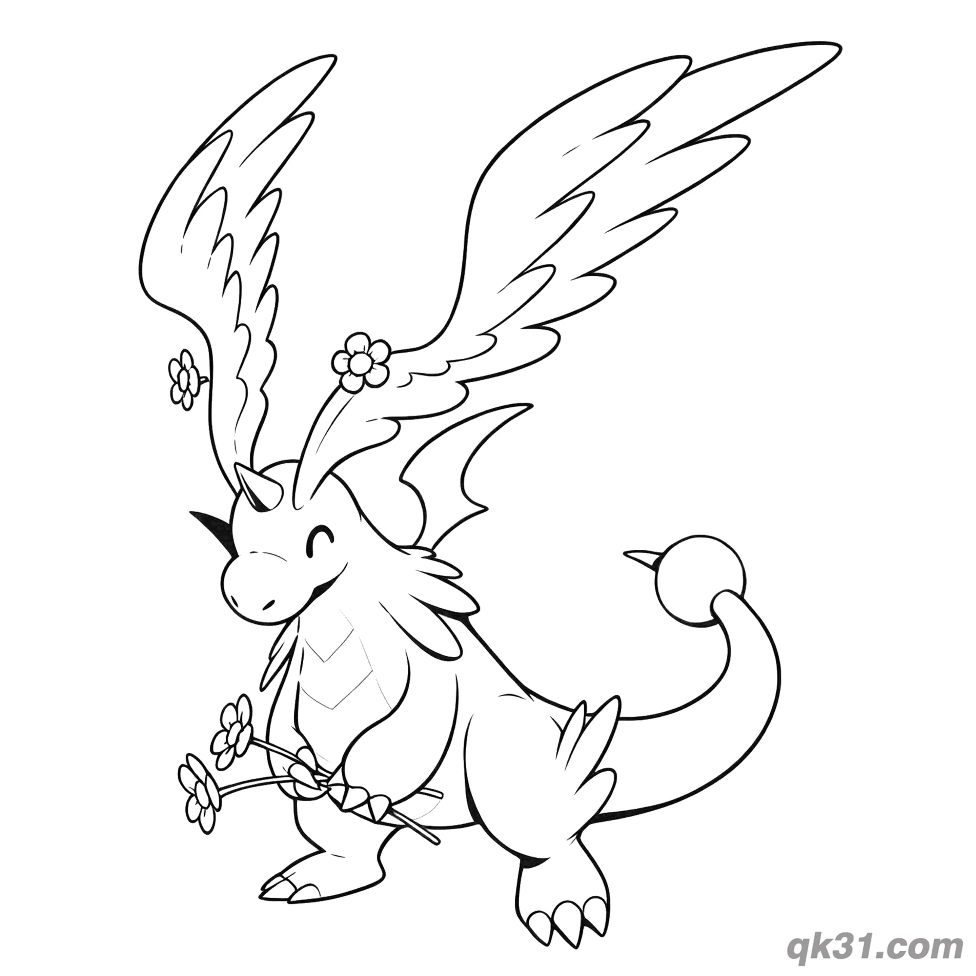 免费 超级快龙拿着花甜蜜简笔画涂色页 简笔画涂色页