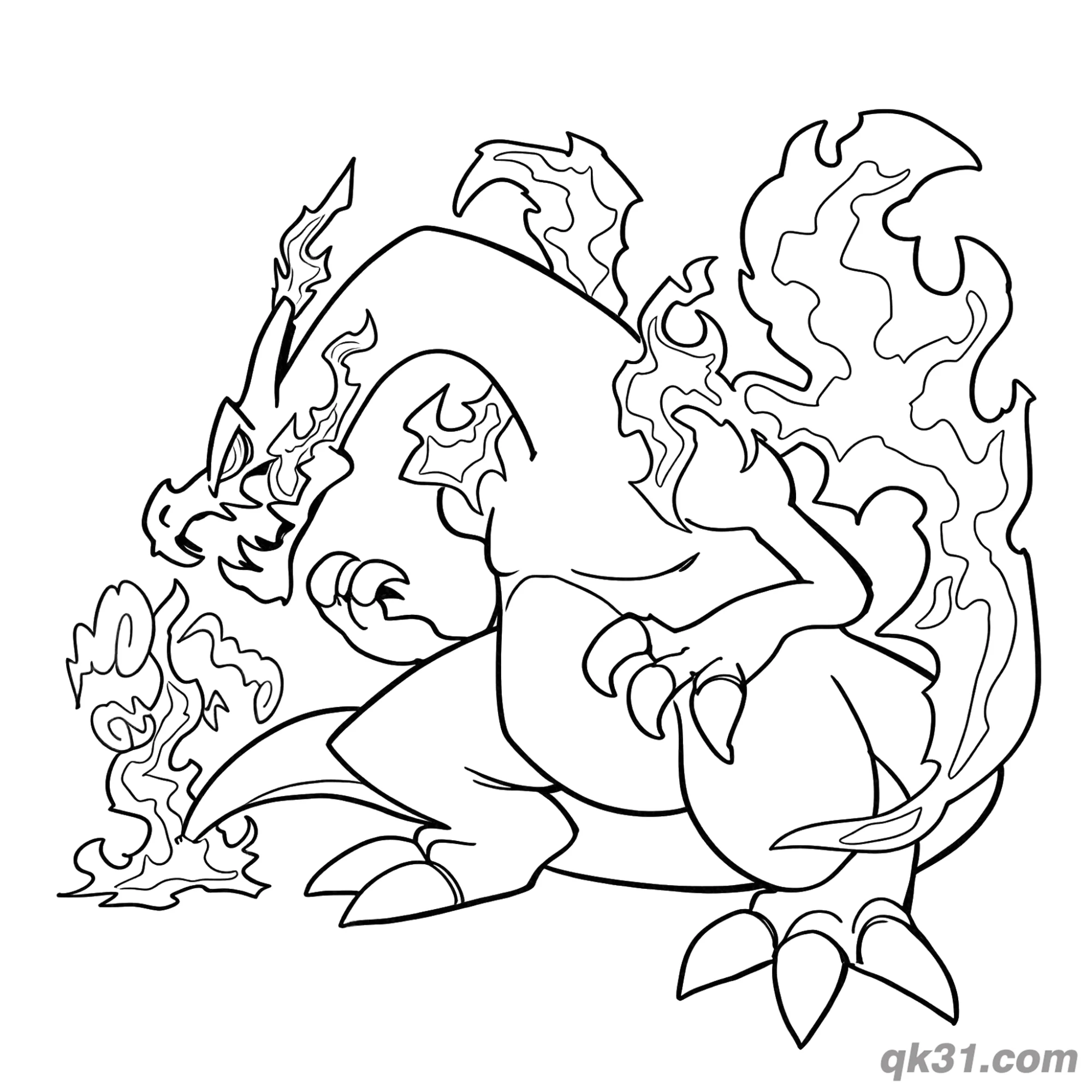 免费 火焰环绕蹲姿超级巨化喷火龙涂色页 简笔画涂色页