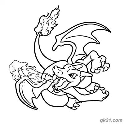 全身火焰环绕超级巨化喷火龙简笔画涂色页 – 免费可打印简笔画涂色画