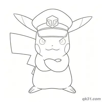 戴警帽严肃皮卡丘简笔画涂色页卡片 – 免费可打印简笔画涂色画