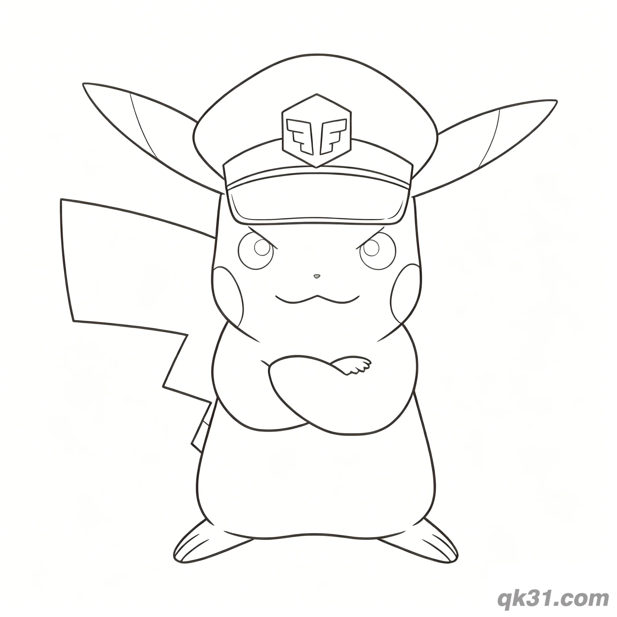 免费 戴警帽严肃皮卡丘简笔画涂色页卡片 简笔画涂色页