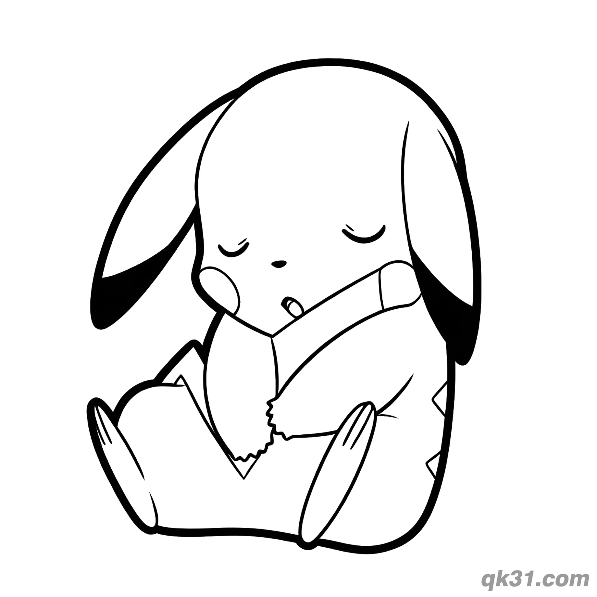 免费 困倦皮卡丘抱枕头简笔画涂色页PDF 简笔画涂色页