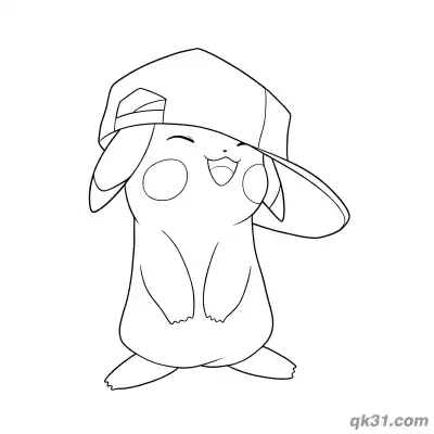 戴帽子时尚皮卡丘简笔画涂色页 – 免费可打印简笔画涂色画