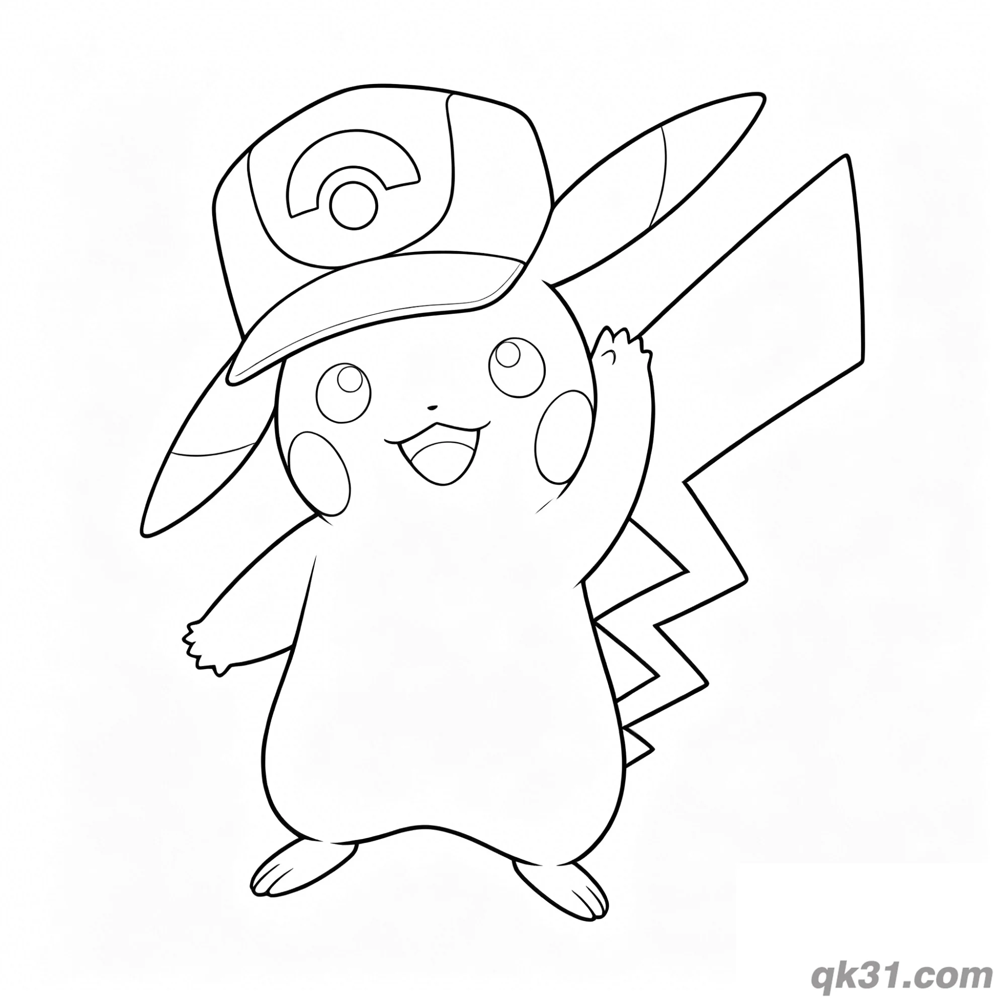免费 戴训练师帽挥手皮卡丘简笔画涂色页 简笔画涂色页