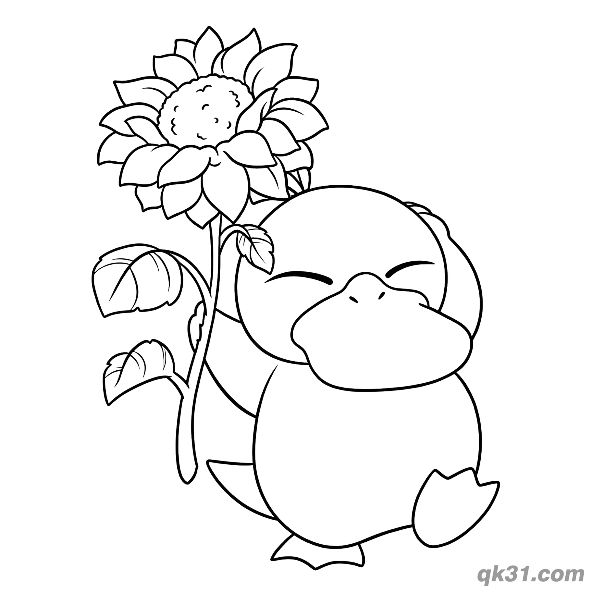 免费 可达鸭捧向日葵开心简笔画涂色页 简笔画涂色页