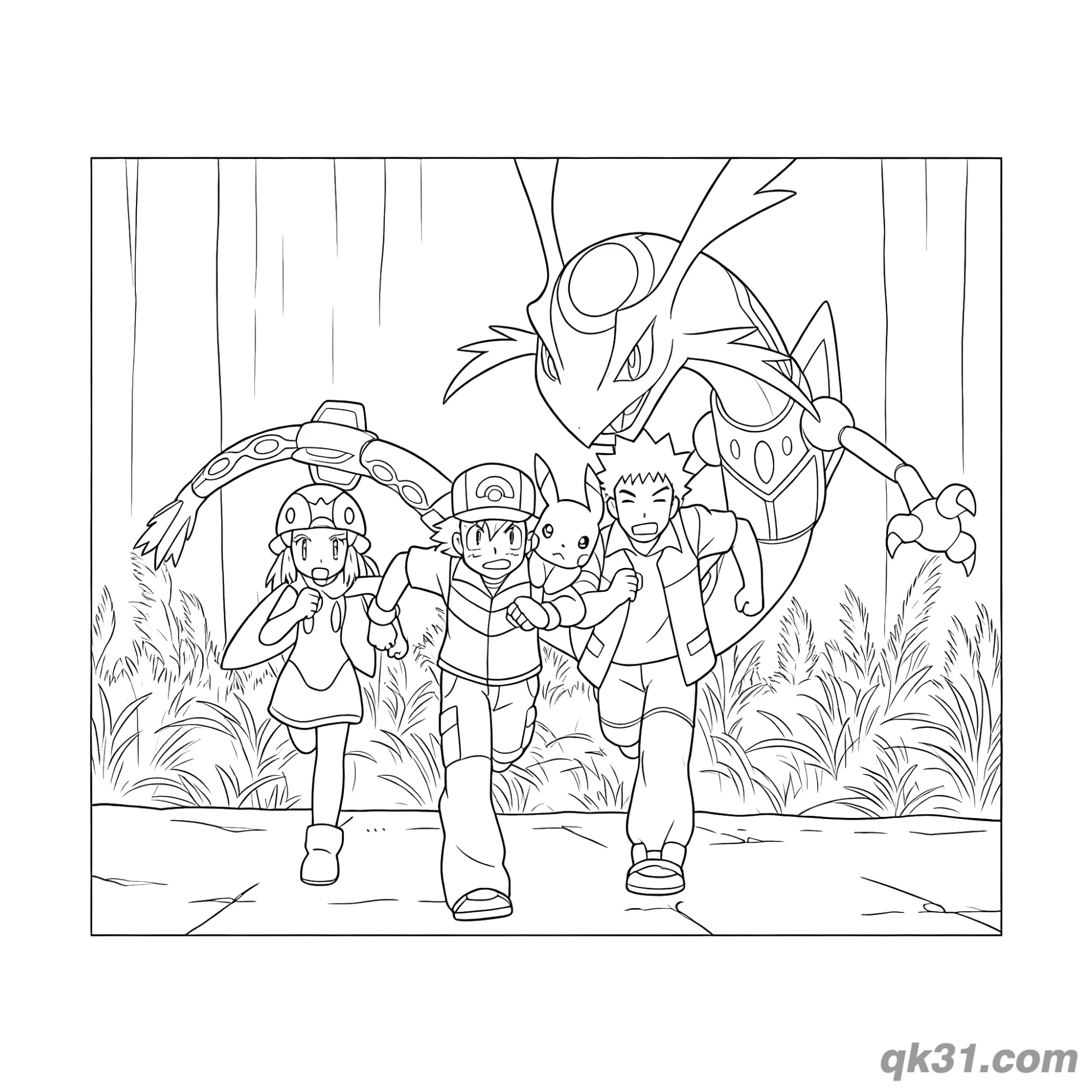 免费 小智小遥小胜皮卡丘躲避烈空坐简笔画涂色页 简笔画涂色页