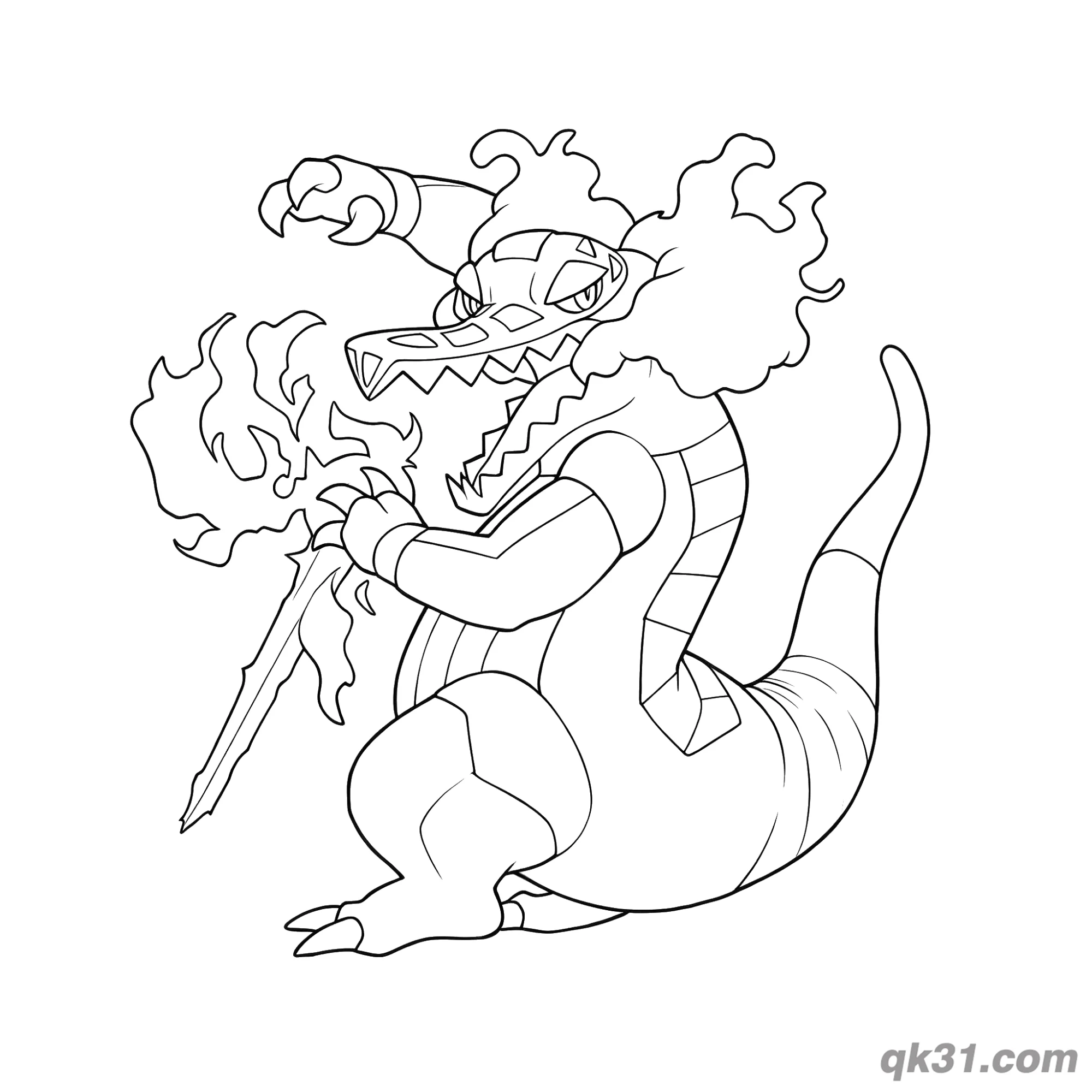 免费 宝可梦骨纹巨声鳄火焰剑战斗姿势简笔画涂色页 简笔画涂色页