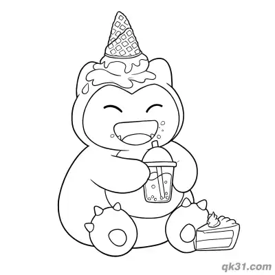 享用甜点的卡比兽宝可梦简笔画涂色页 – 免费可打印简笔画涂色画