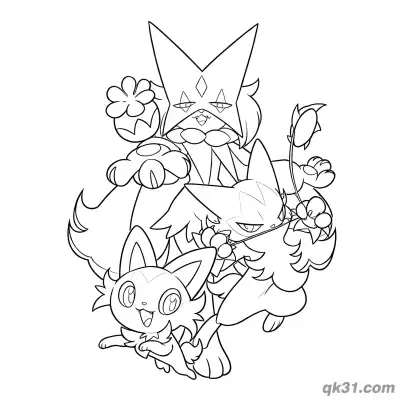 新叶喵蒂蕾喵魔幻假面喵进阶团体简笔画涂色页 – 免费可打印简笔画涂色画