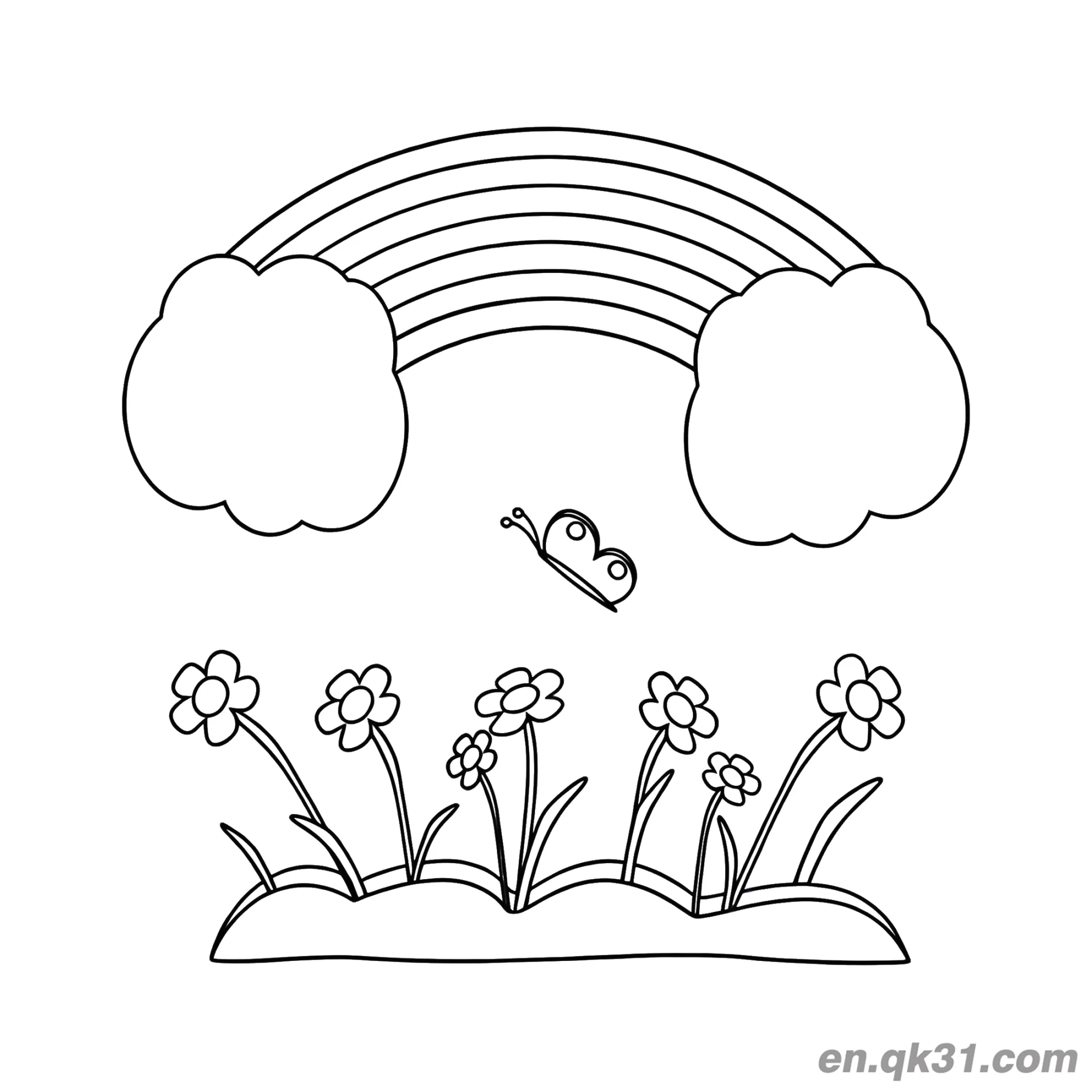 免费 花园蝴蝶彩虹涂色页 简笔画涂色页