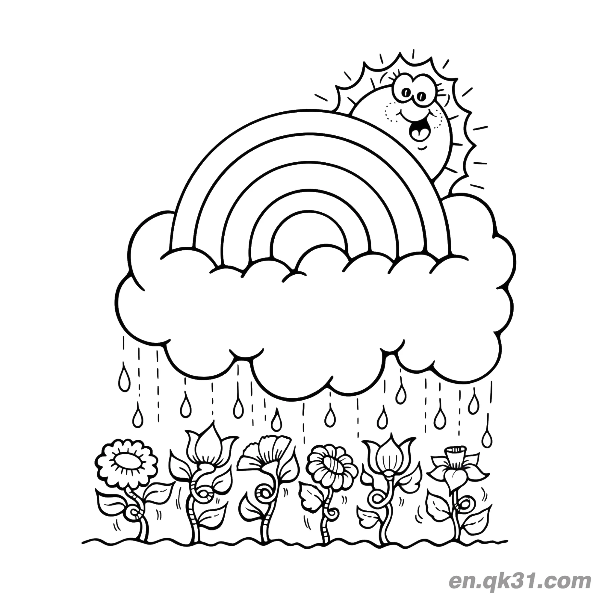 免费 花园彩虹与雨涂色页 简笔画涂色页
