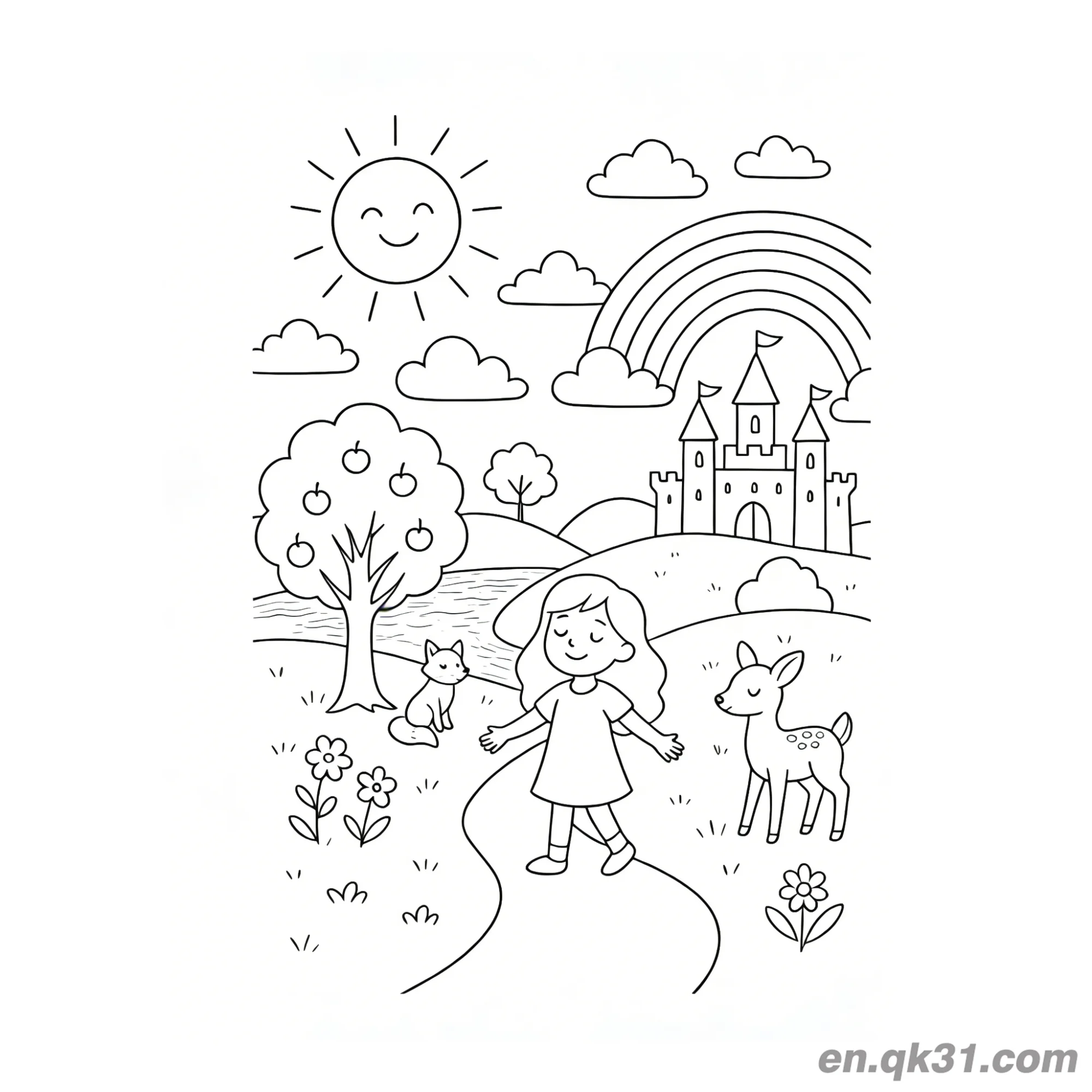 免费 彩虹森林城堡涂色页 简笔画涂色页