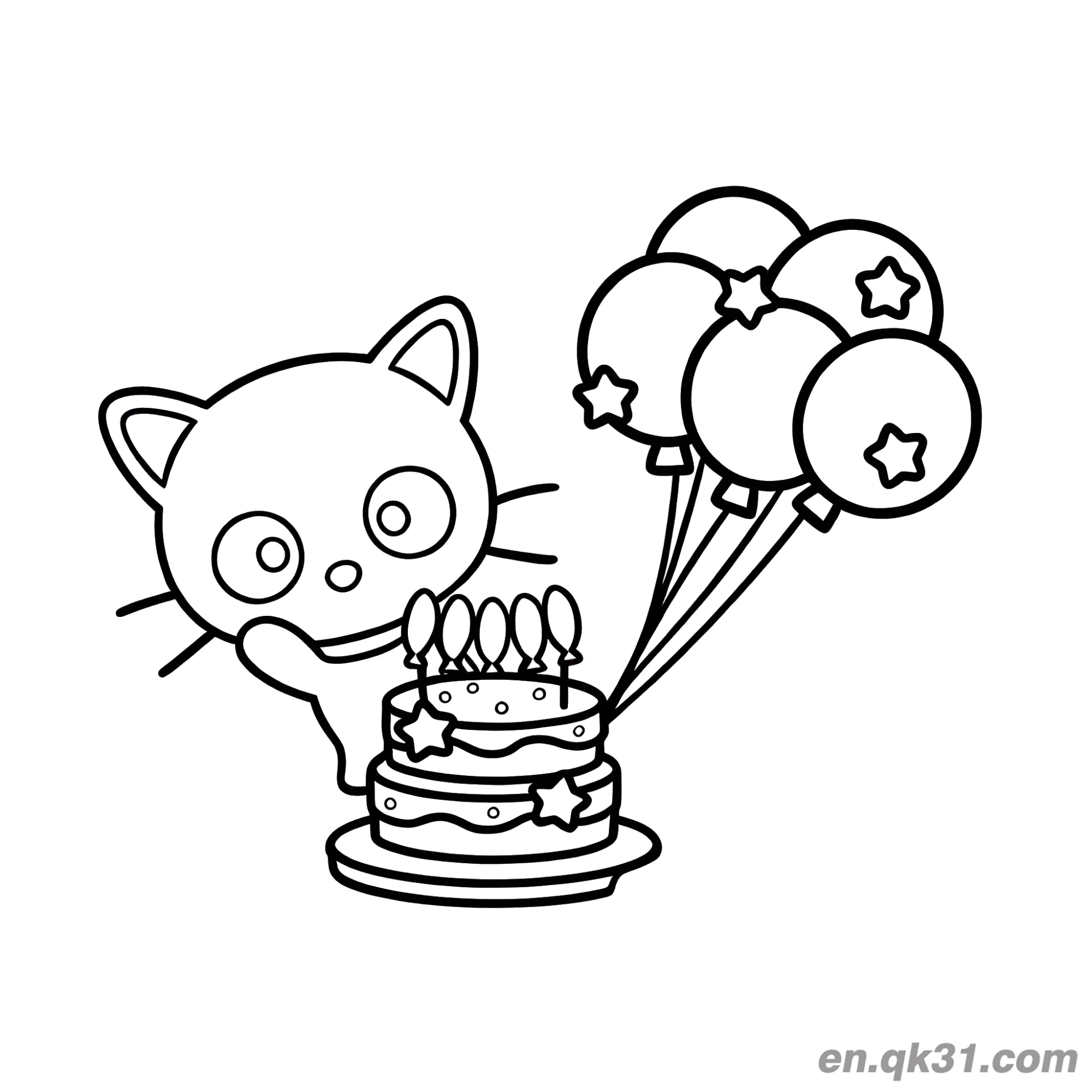 免费 蛋糕气球庆祝生日的巧克力猫简笔画涂色页 简笔画涂色页