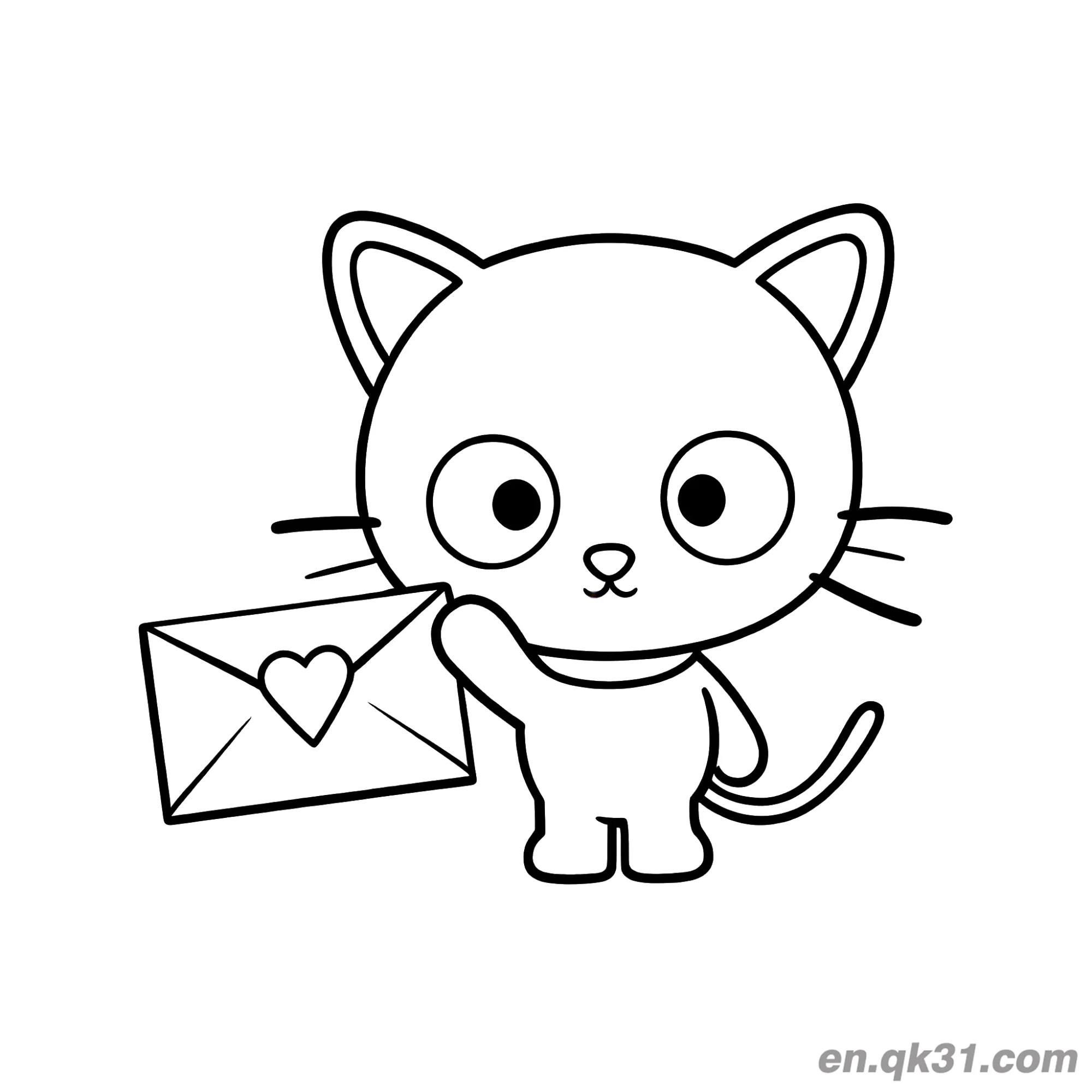 免费 手持爱心信封的巧克力猫简笔画涂色页 简笔画涂色页