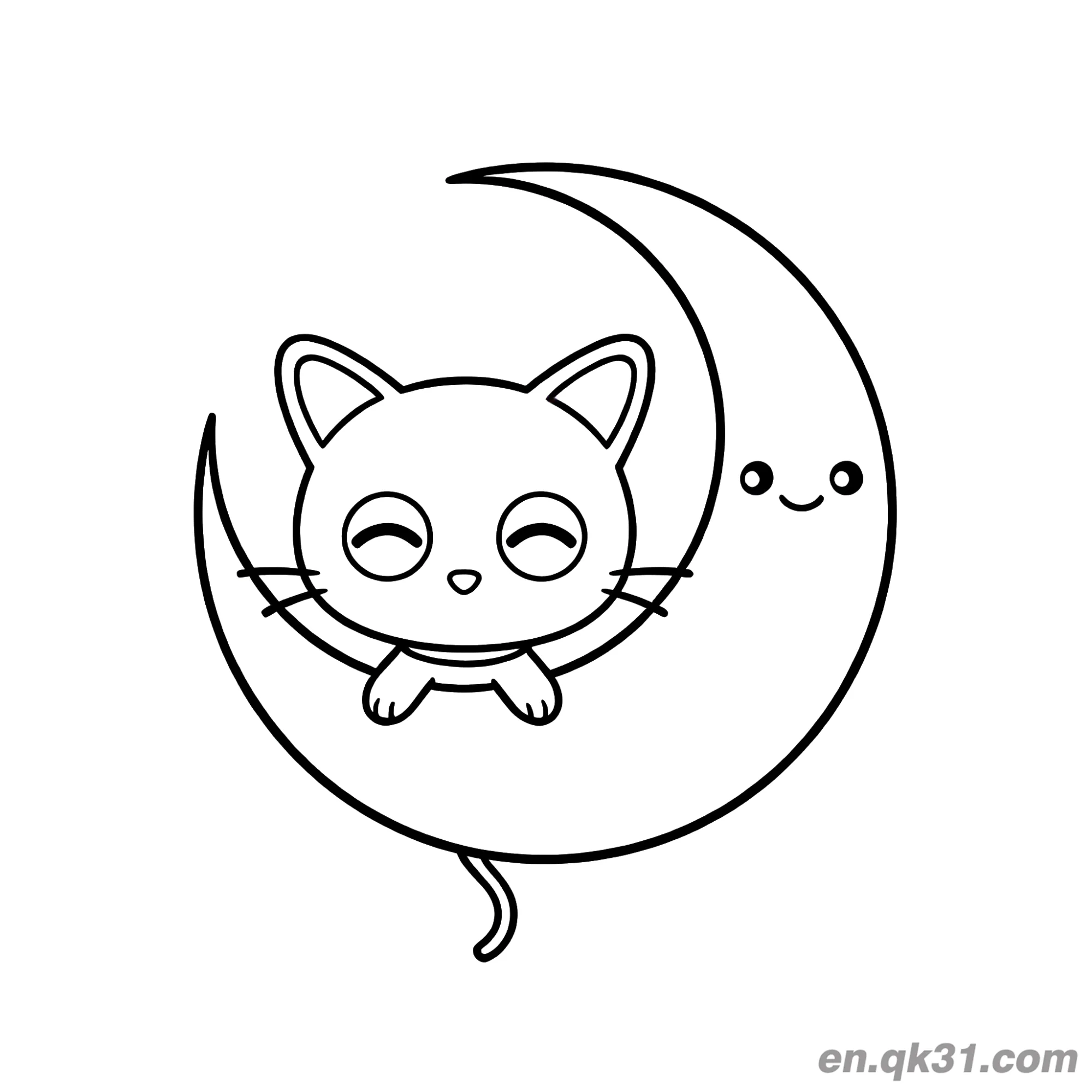 免费 弯月之上安睡的巧克力猫简笔画涂色页 简笔画涂色页