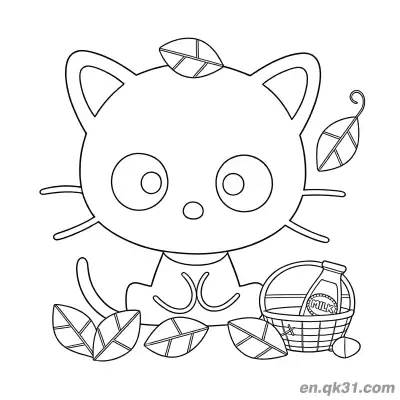 树叶牛奶篮自然场景的巧克力猫简笔画涂色页 – 免费可打印简笔画涂色画