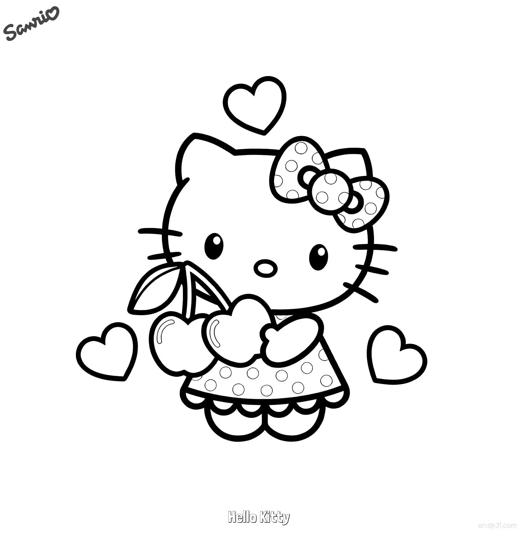 免费 凯蒂猫与爱心飞吻涂色页 简笔画涂色页