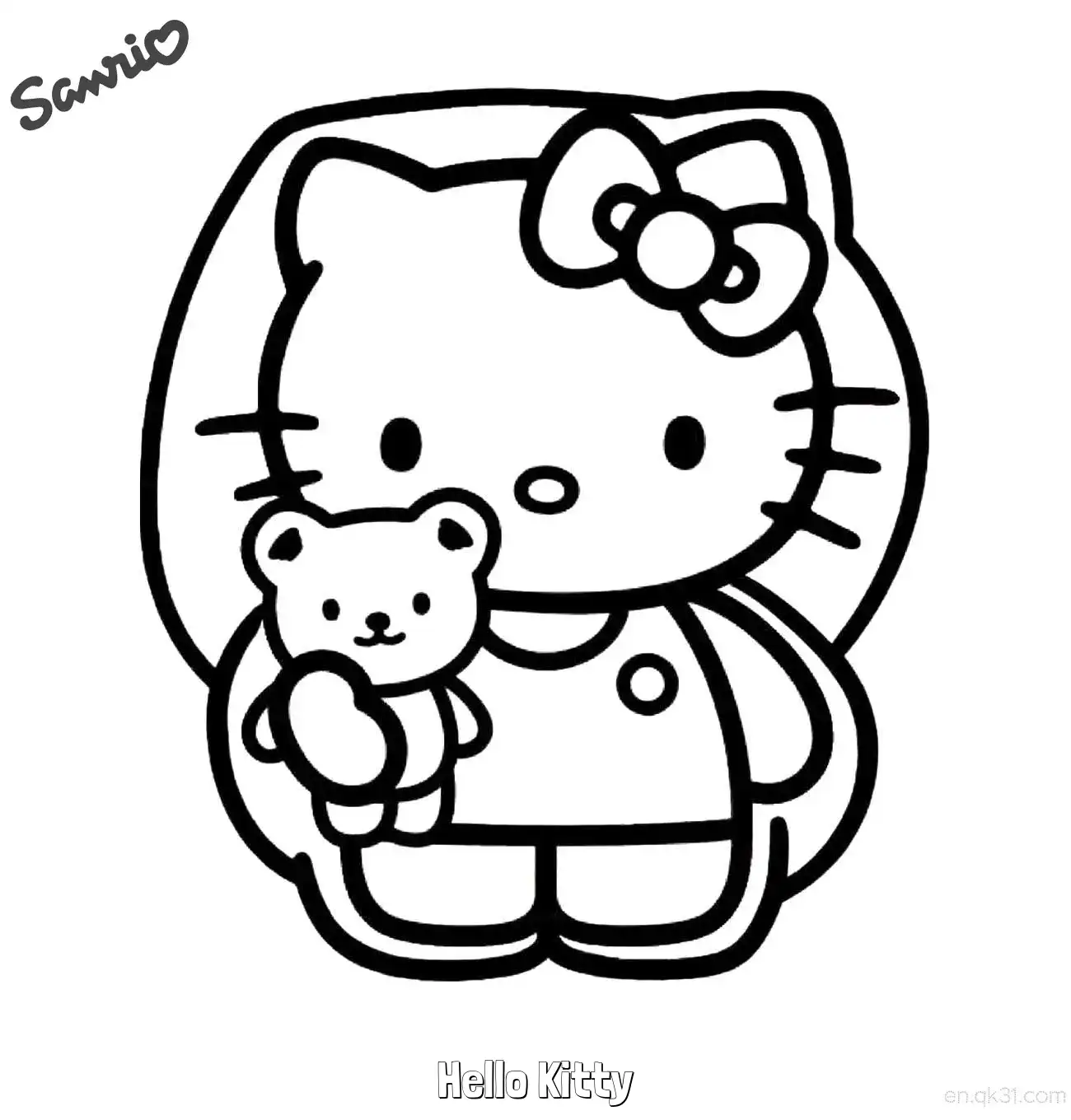 免费 凯蒂猫抱小熊玩偶站姿涂色页 简笔画涂色页