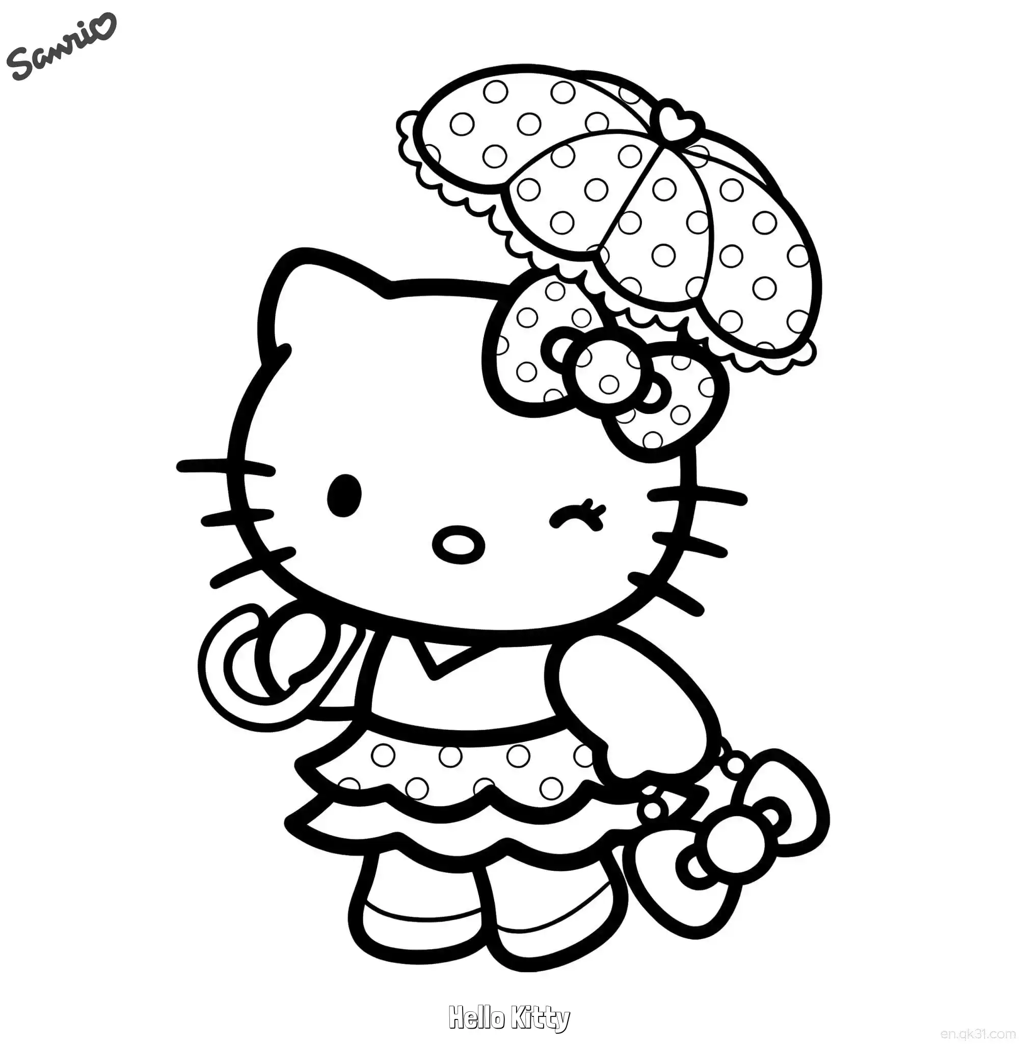 免费 凯蒂猫撑波点阳伞优雅涂色页 简笔画涂色页