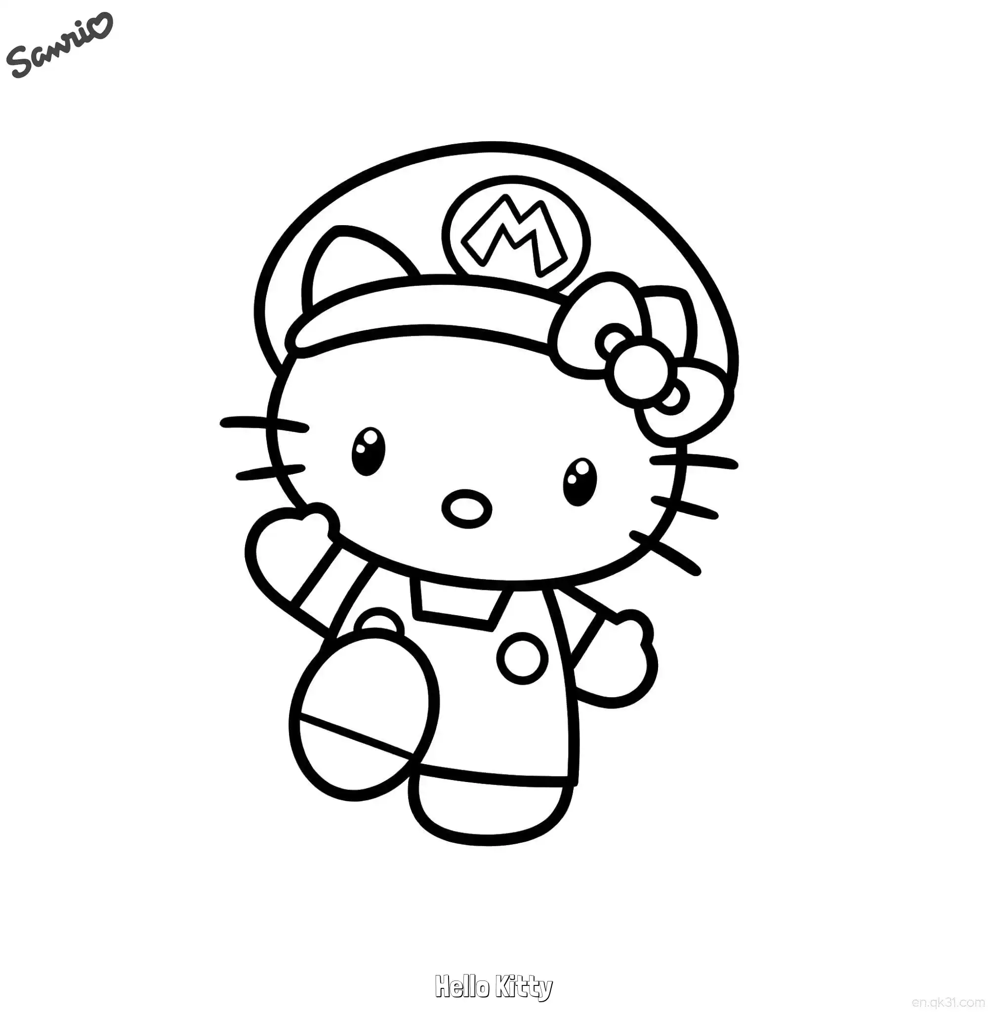 凯蒂猫马里奥造型涂色页简笔画涂色画 – 为儿童和成人提供的免费可打印简笔画涂色画