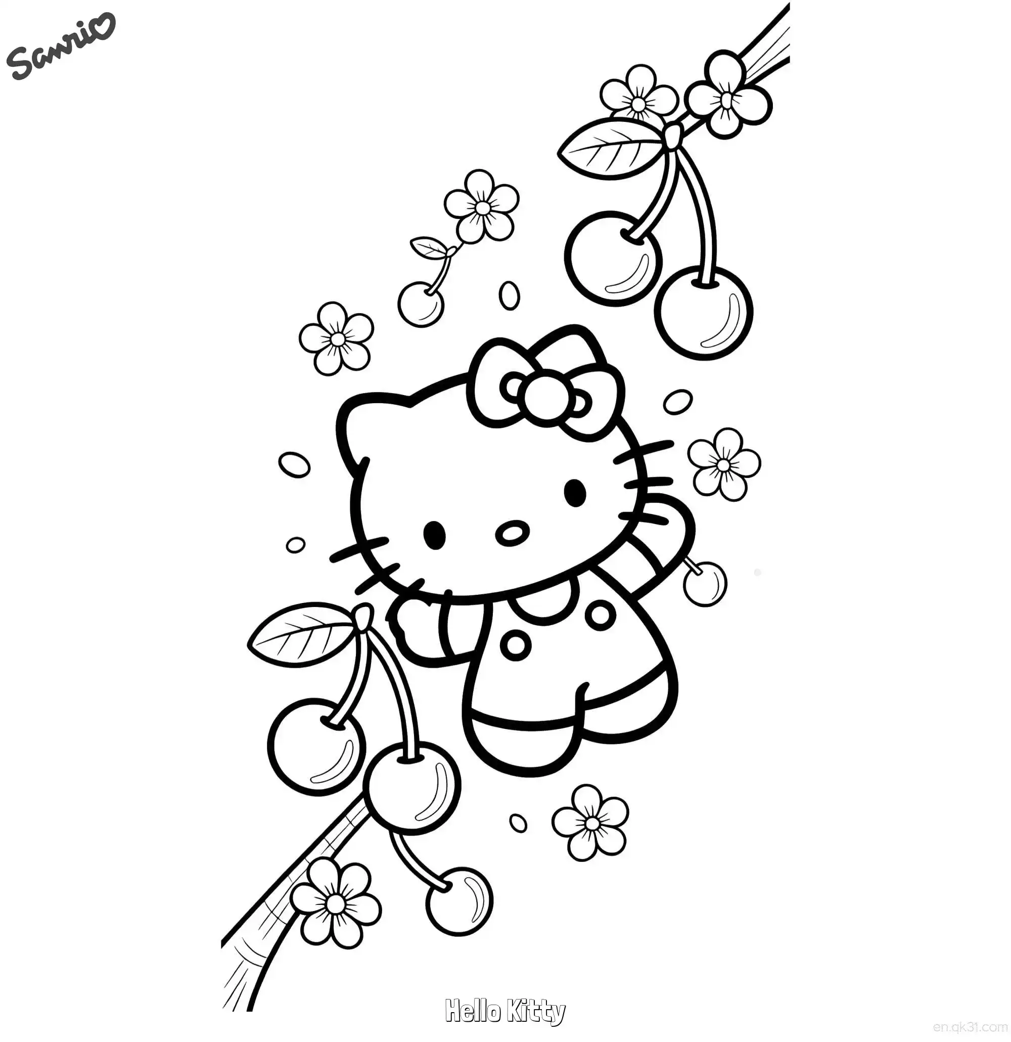 凯蒂猫与樱桃树枝春日涂色页简笔画涂色画 – 为儿童和成人提供的免费可打印简笔画涂色画