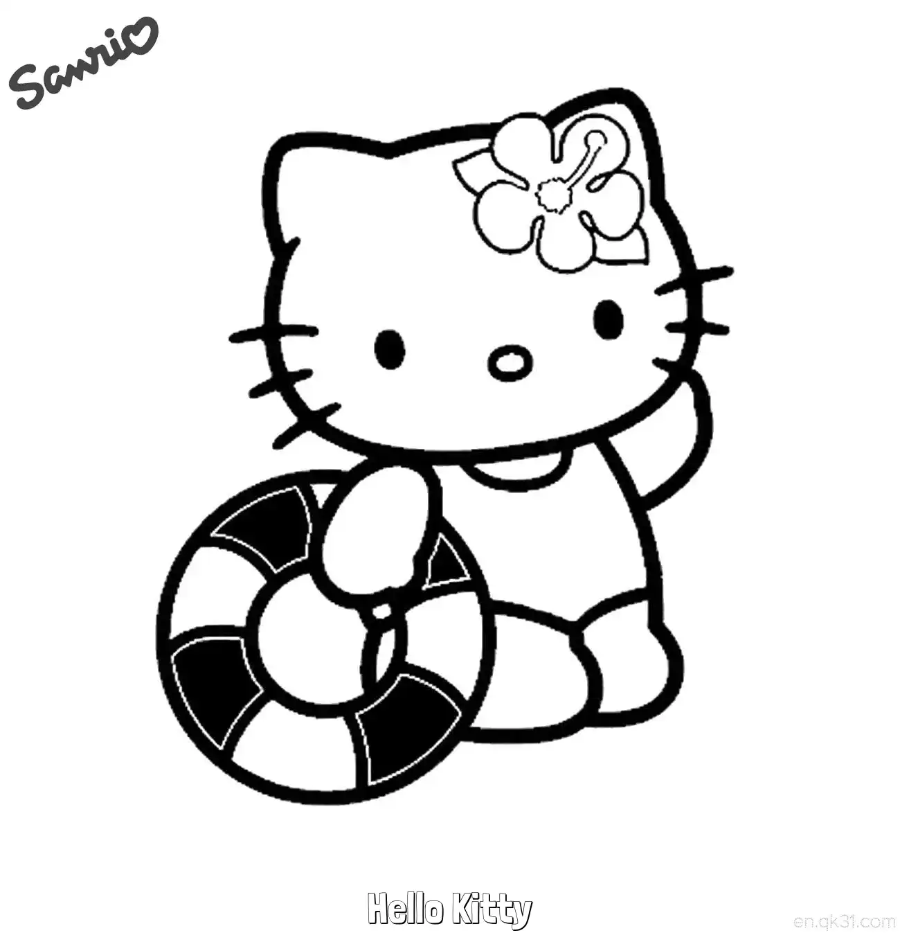 免费 凯蒂猫拿夏日游泳圈沙滩涂色页 简笔画涂色页